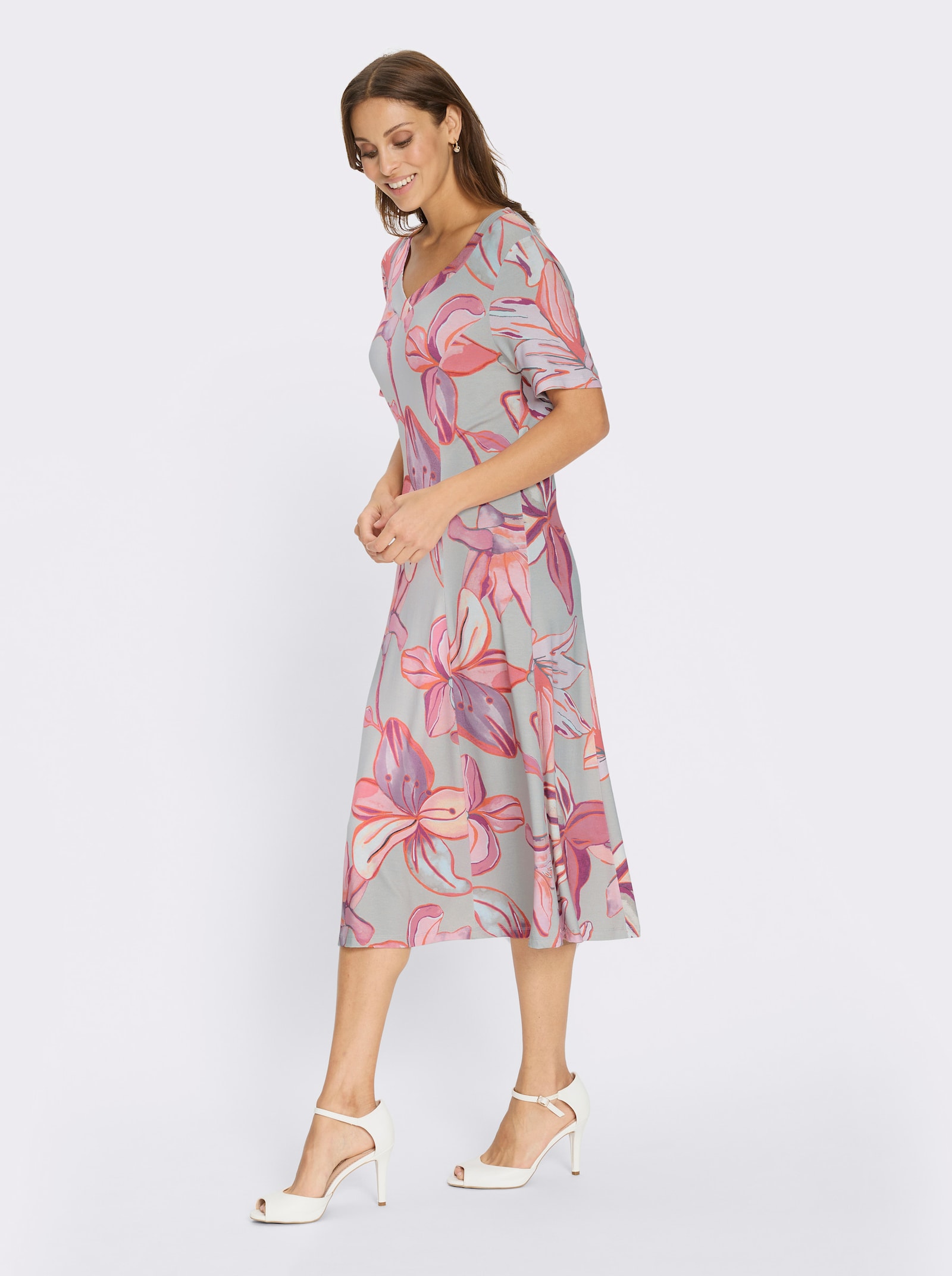 Jerseykleid mit Blüten-Dessin - hellgrau-koralle-bedruckt