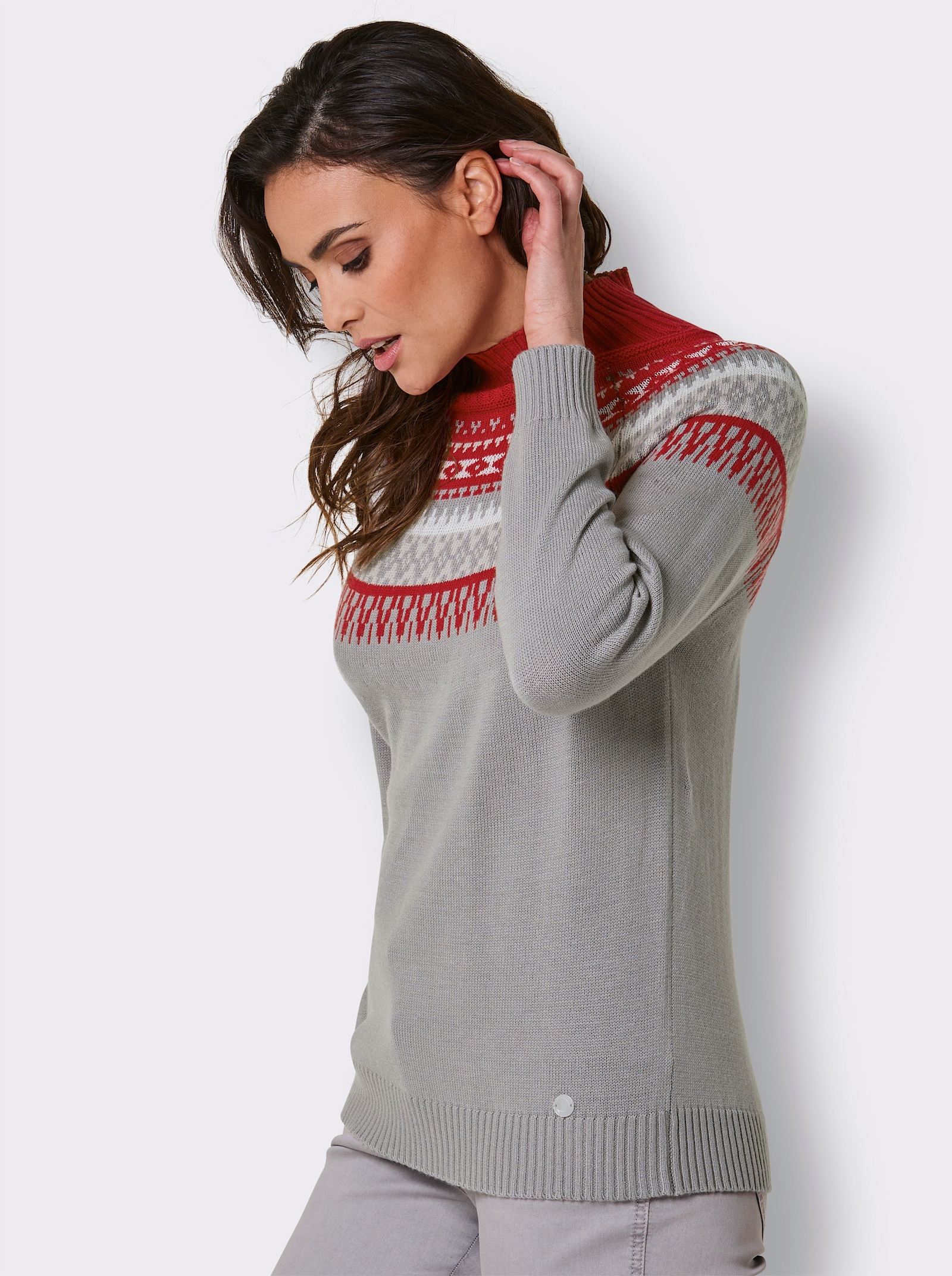 CREATION L PREMIUM Norwegerpullover mit Jacquard-Strick - steingrau-rot-gemustert
