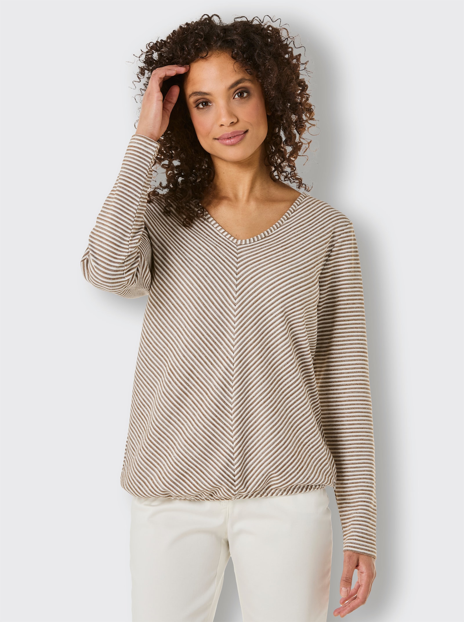 CREATION L PREMIUM V-Shirt mit V-förmigen Streifen - braun-ecru-geringelt
