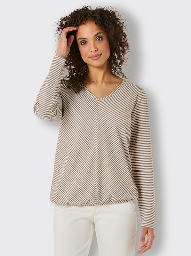 CREATION L PREMIUM V-Shirt mit V-förmigen Streifen - braun-ecru-geringelt