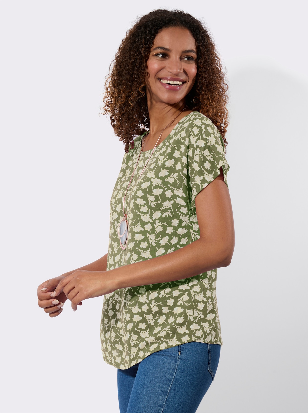Blusenshirt - khaki-weiß-bedruckt