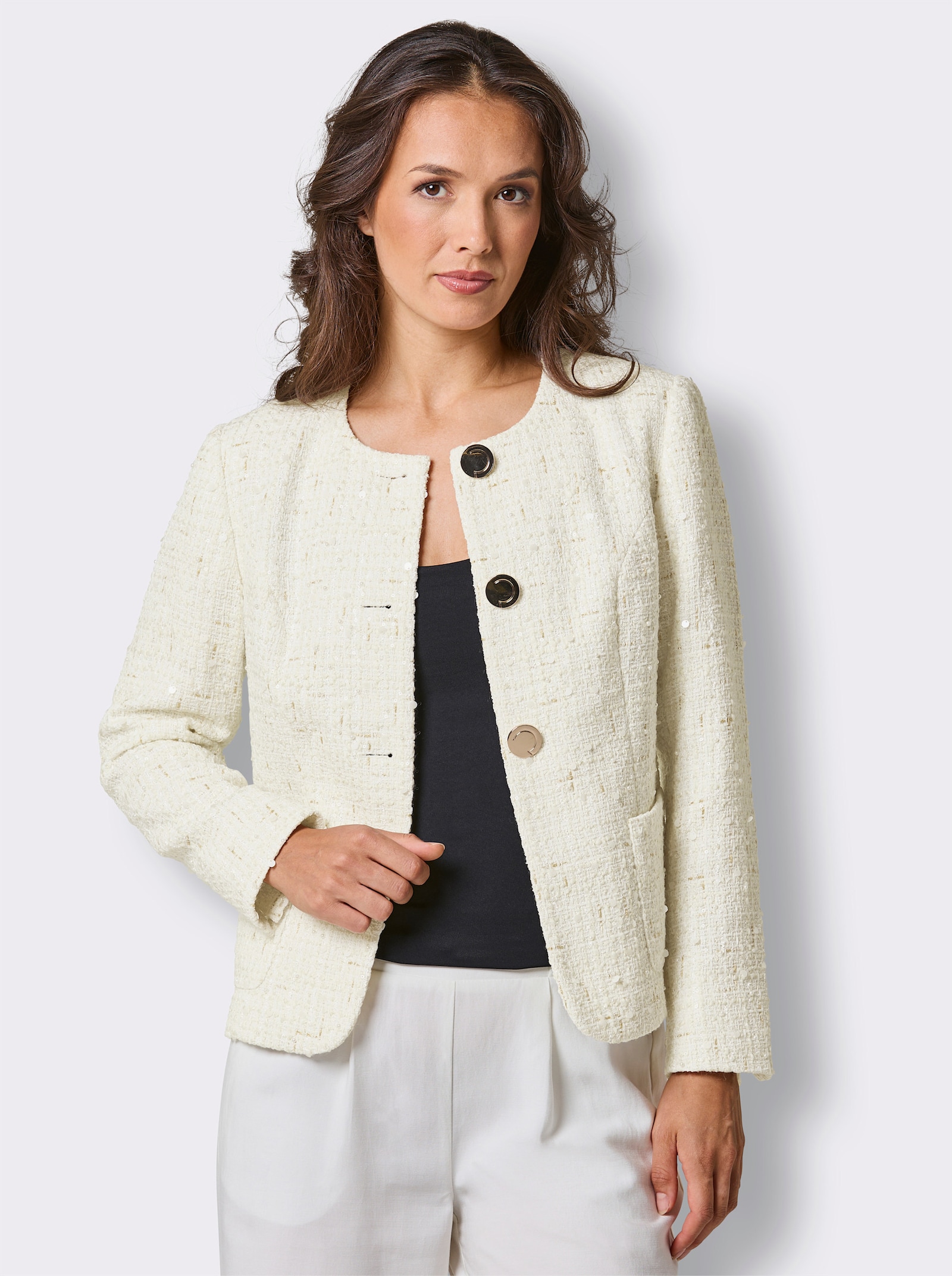 CREATION L PREMIUM Woll-Mix-Bouclé-Blazer mit Zierperlen und Pailletten - ecru