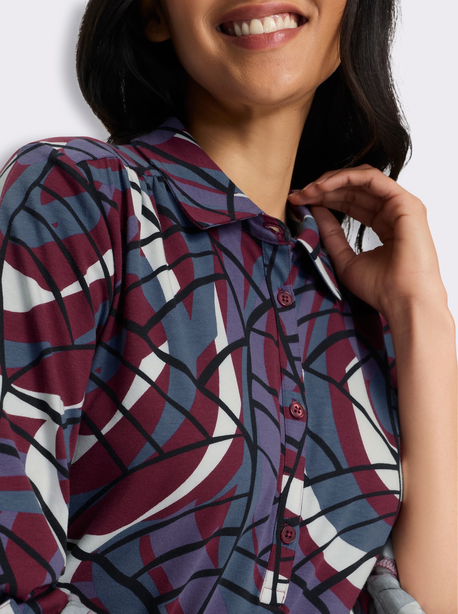 Polokleid im Baumwoll-Mix - bordeaux-rauchblau-bedruckt