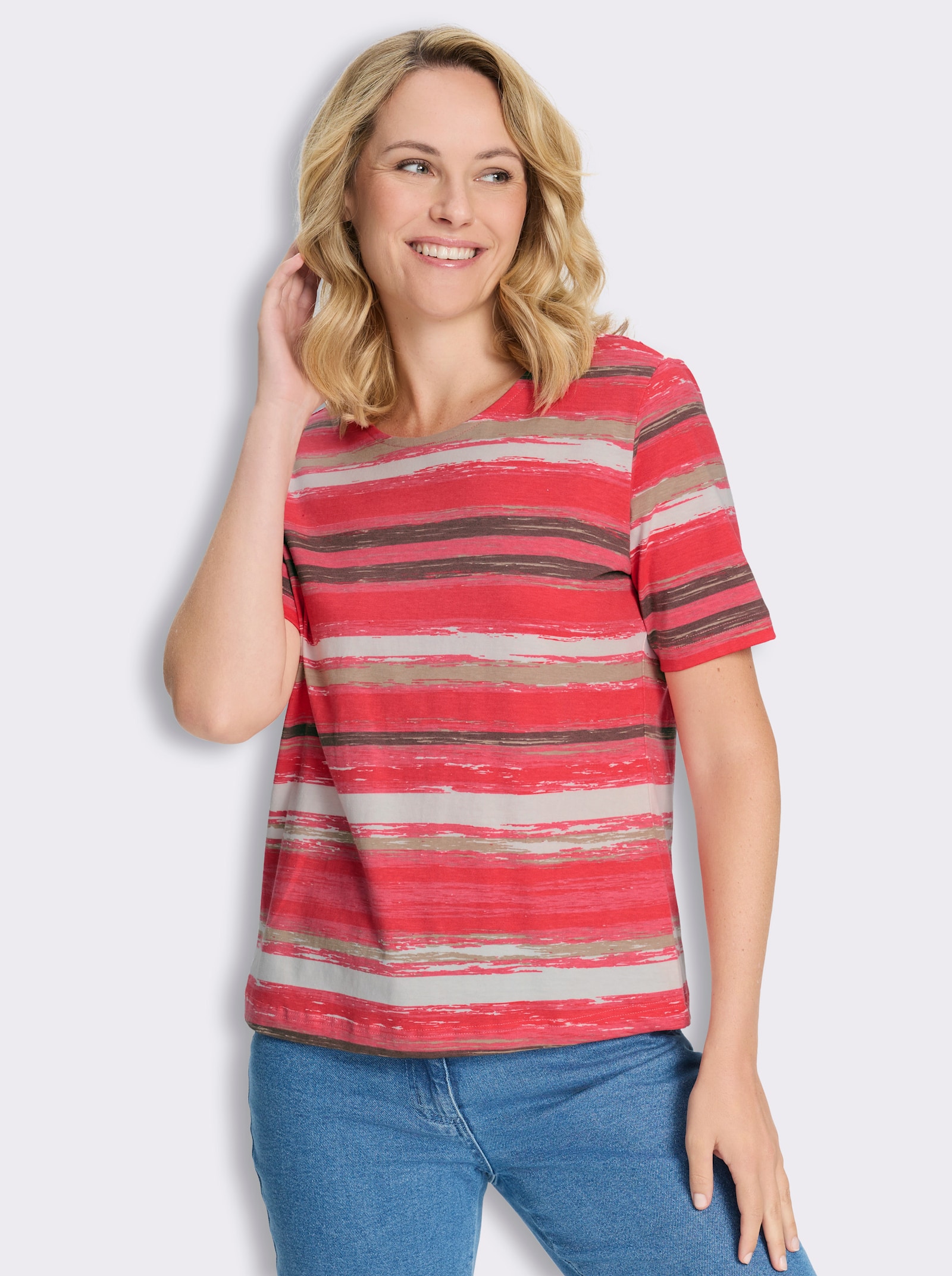 Kurzarmshirt mit verwischtem Streifenmuster - flamingo-bedruckt