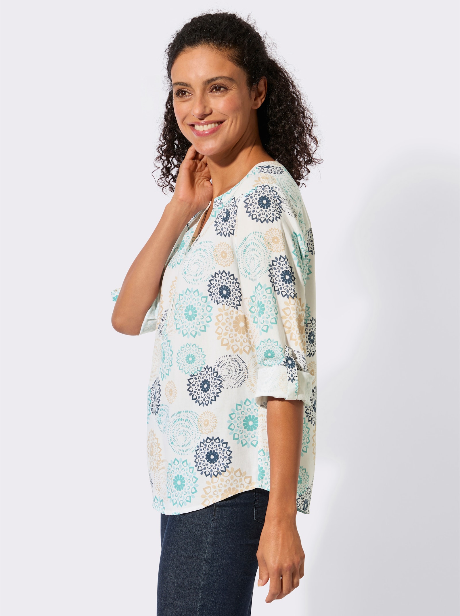 Blouse met lange opstroopbare mouwen - ecru/oceaan bedrukt