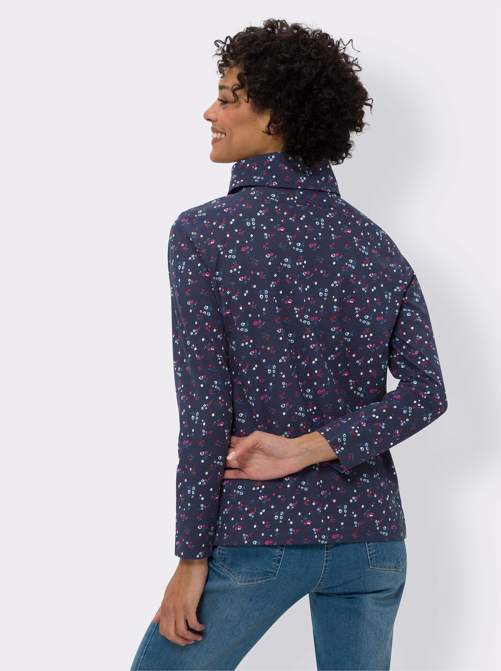 Tričko s rolákem a květinovým vzorem - námořnická modrá-džínová modrá-potisk