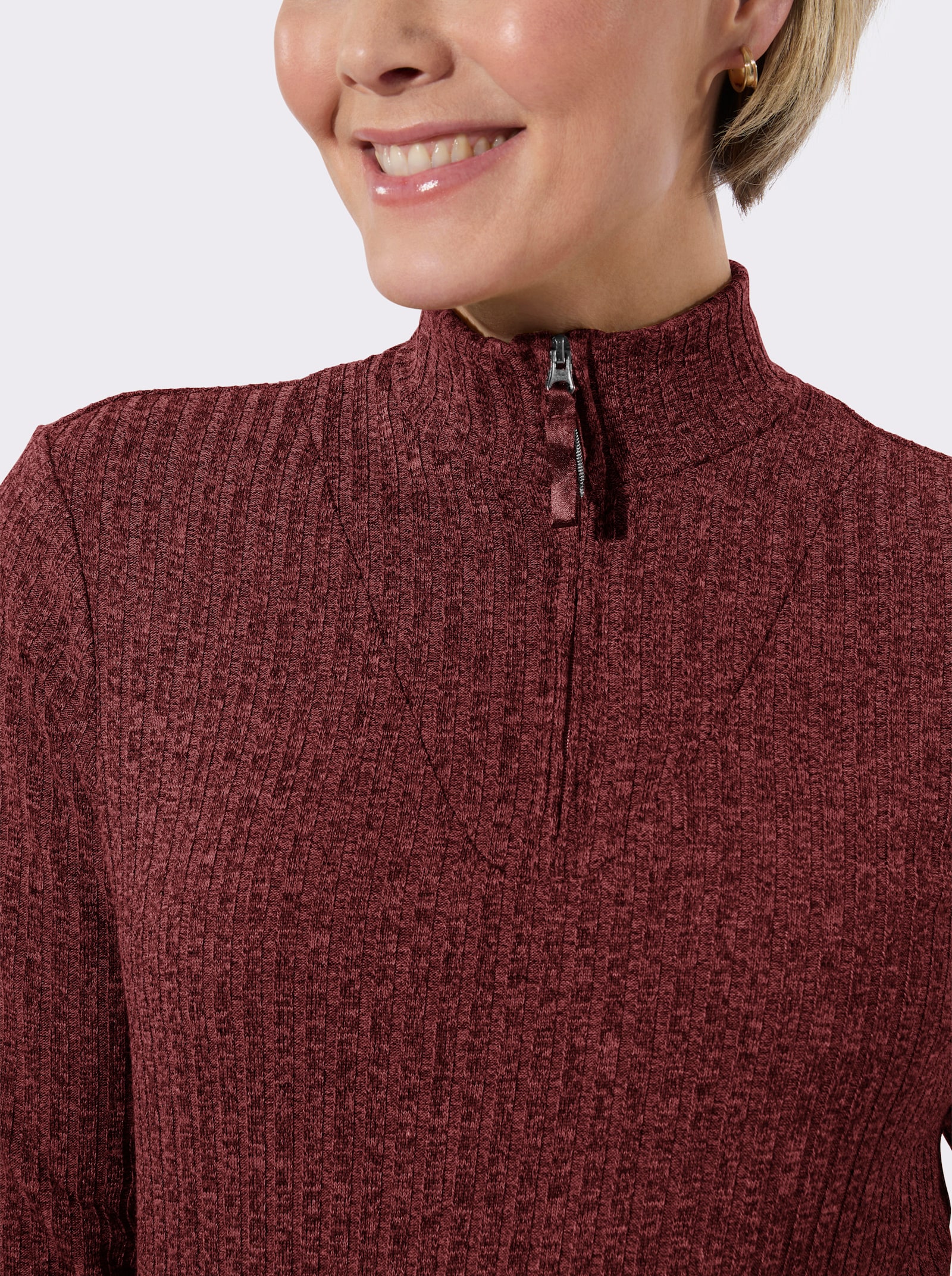 Rippshirt mit Troyerkragen - dunkelrot-meliert