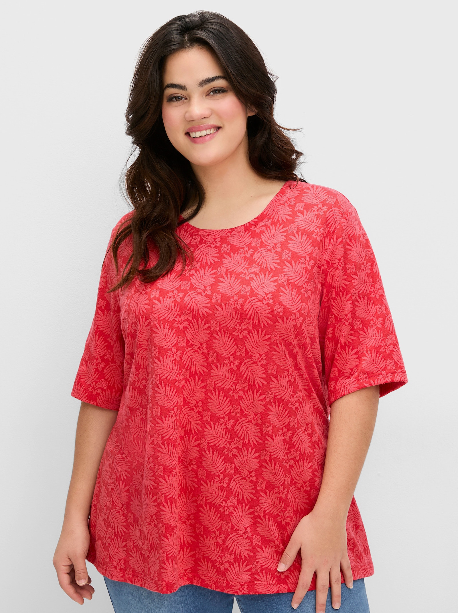 sheego Rundhalsshirt mit tonigem Jacquardmuster - erdbeere