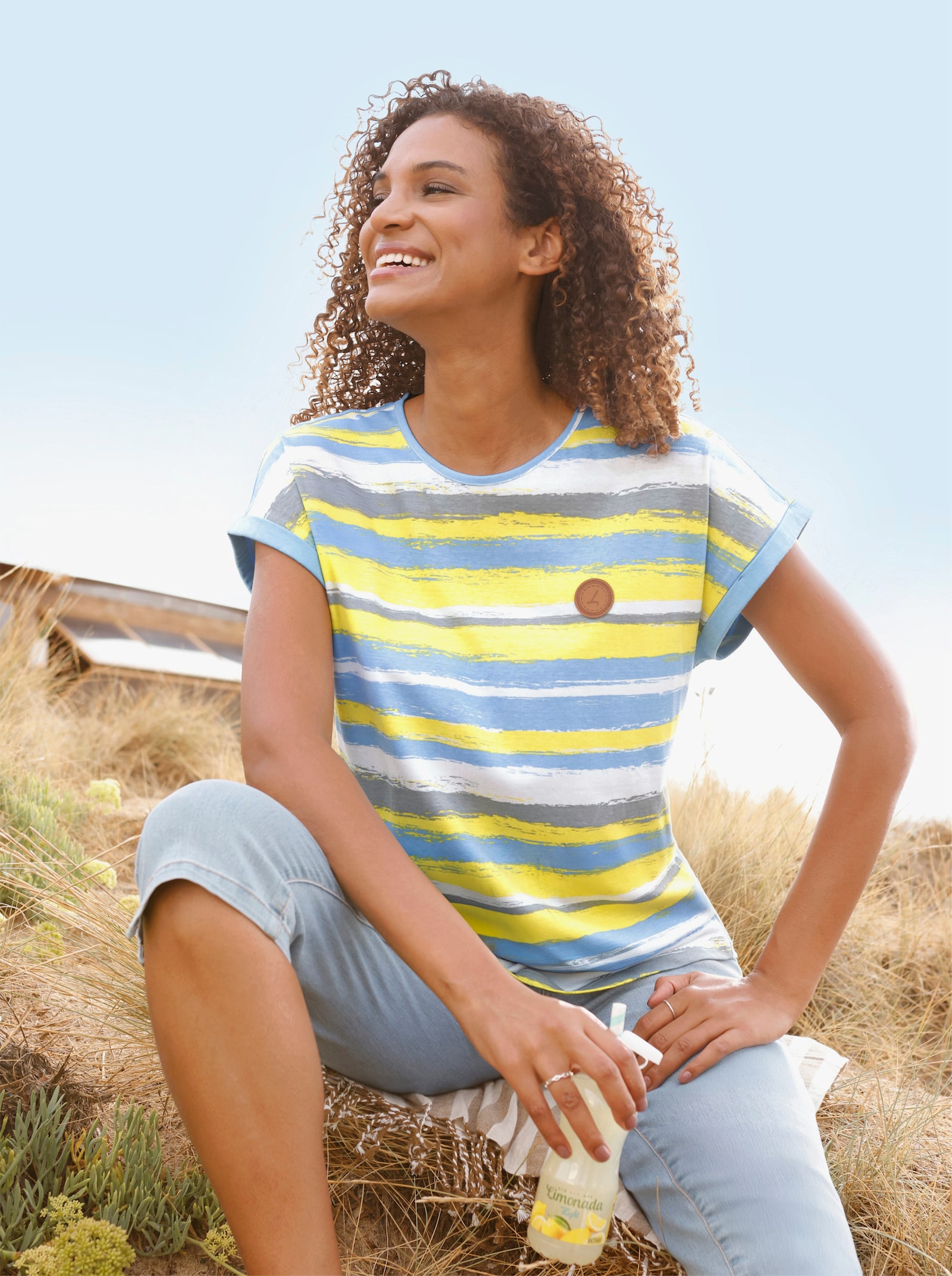 Ringelshirt aus Bio-Baumwolle - limone-himmelblau-geringelt