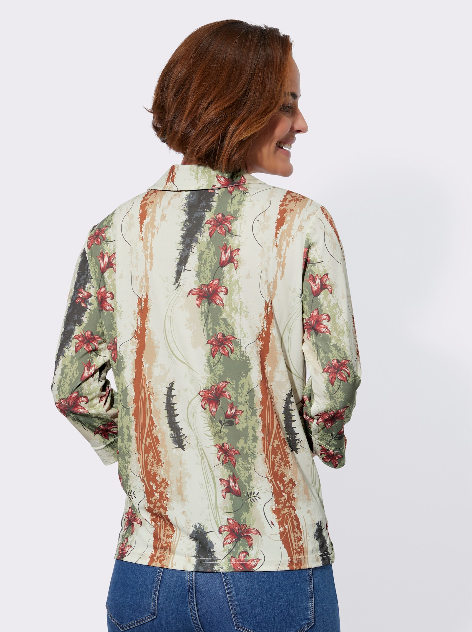 Poloshirt mit Seitenschlitzen - schilf-camel-bedruckt