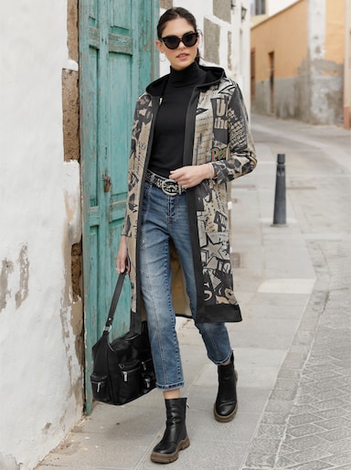 heine Shirtjacke - sand-schwarz-bedruckt