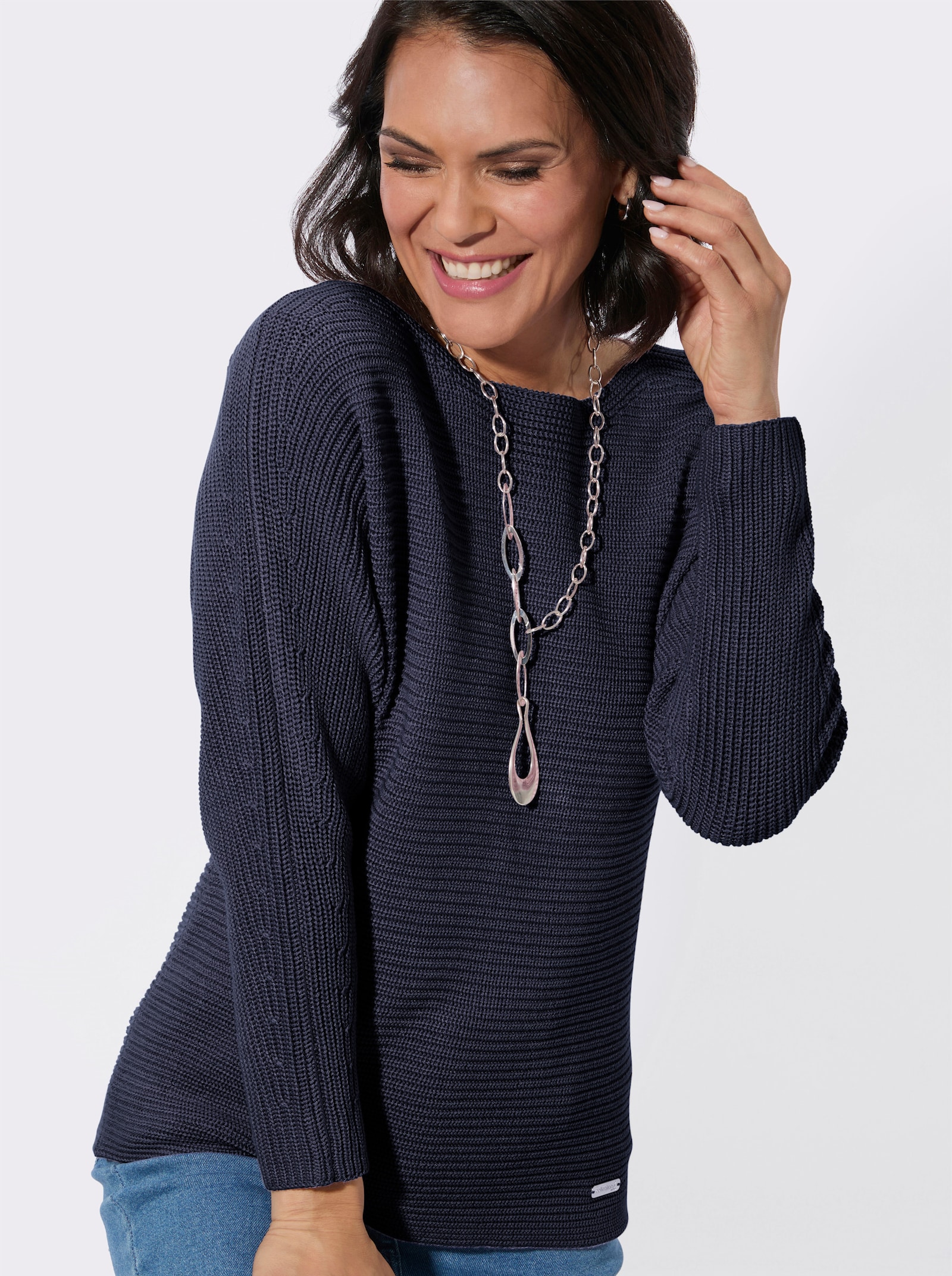 Langarm-Pullover mit U-Boot-Ausschnitt - marine