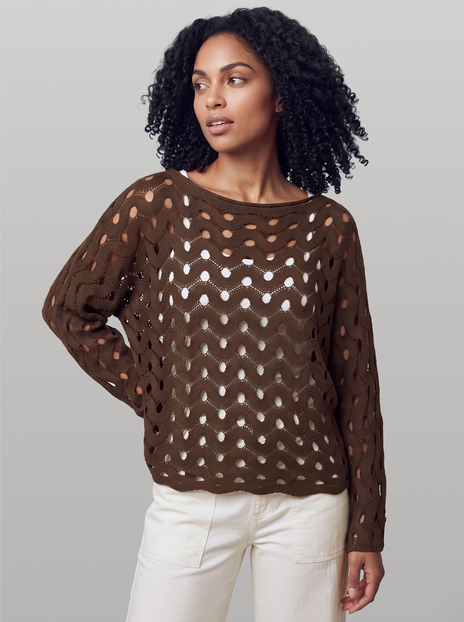 heine Ajourpullover mit Wellenmuster - schoko