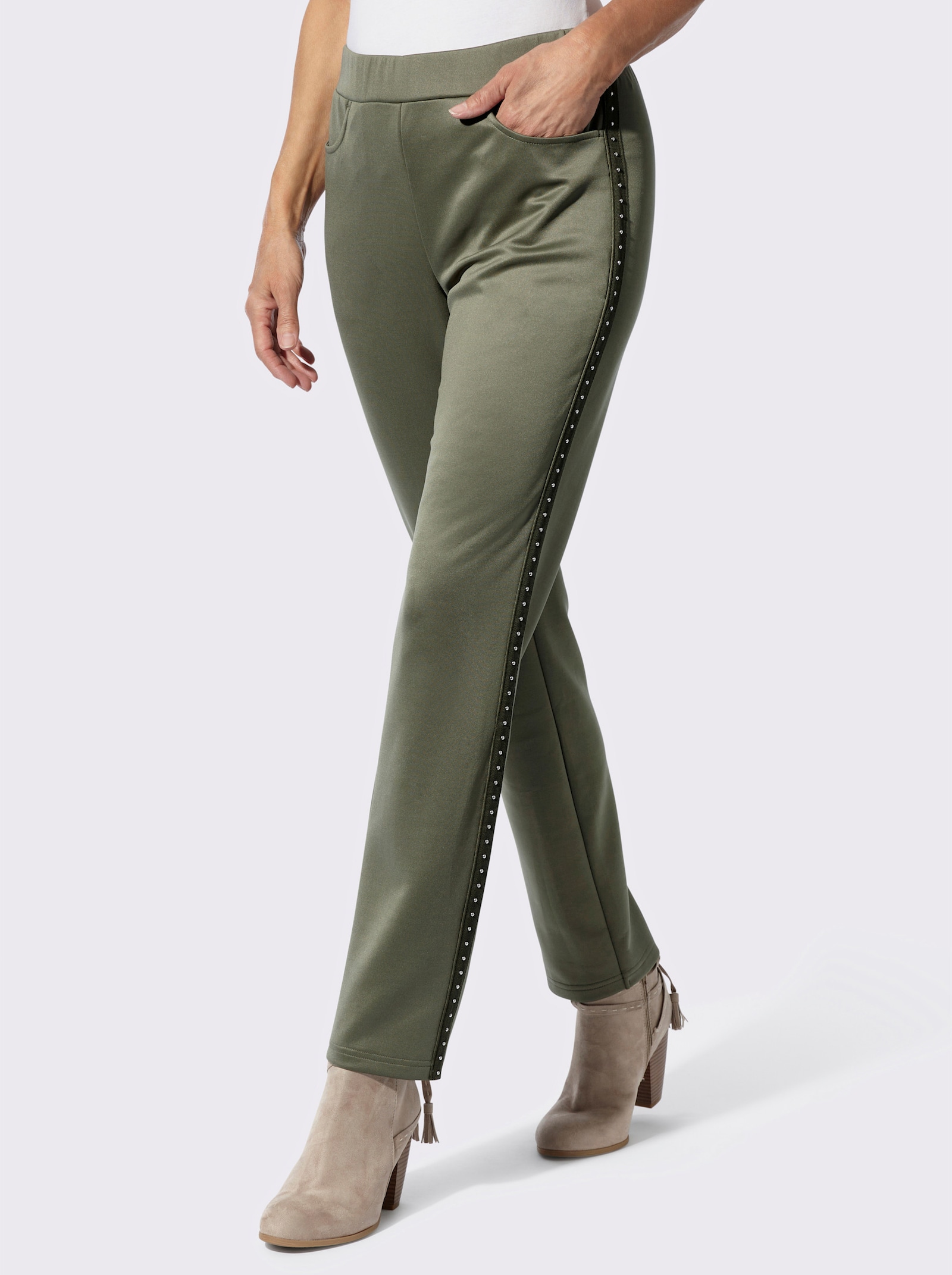 Jerseyhose mit Zierband an den Seitennähten - khaki