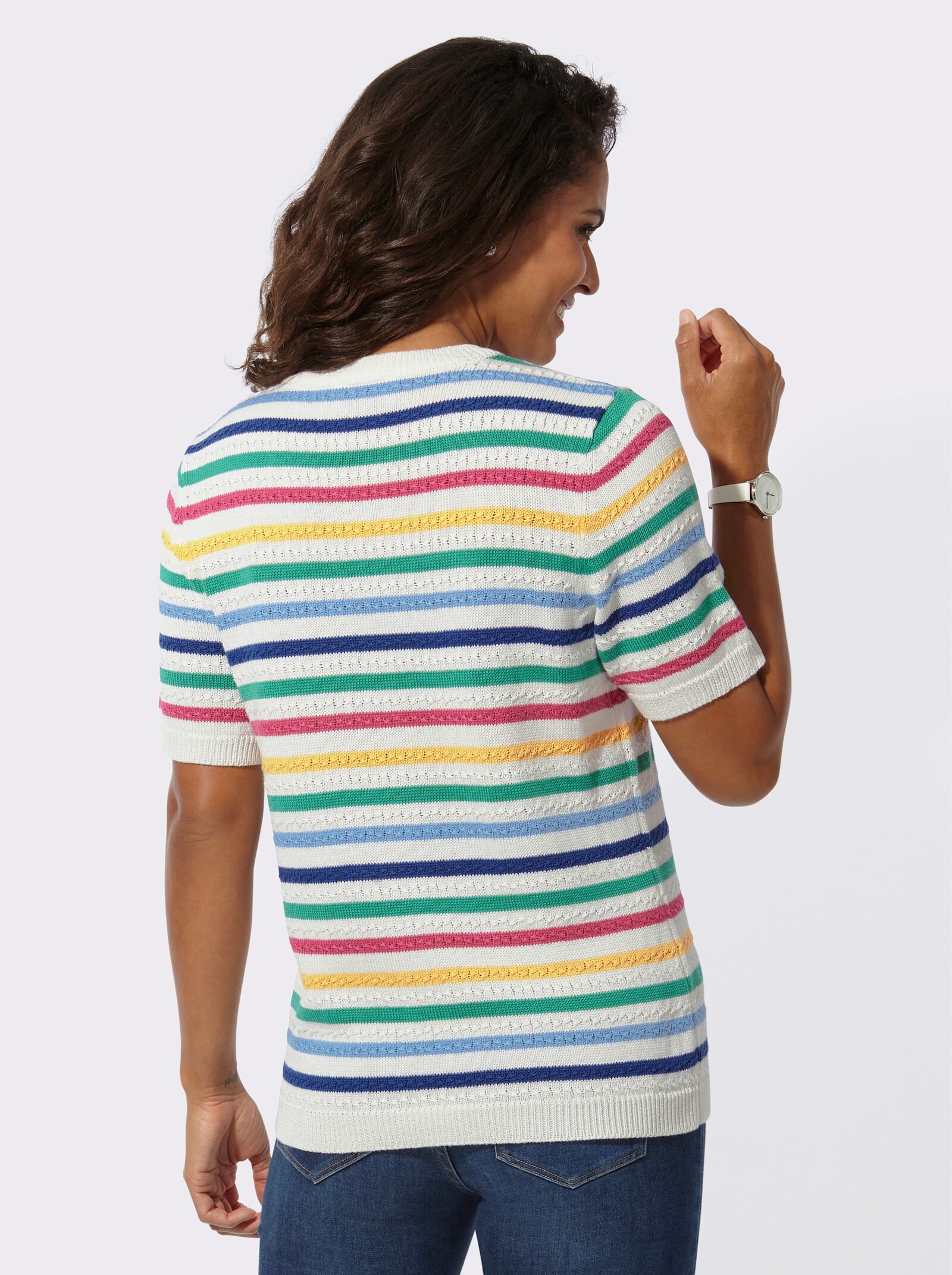 Kurzarmpullover mit Strick- und Ringel-Muster - gelb-royalblau-geringelt