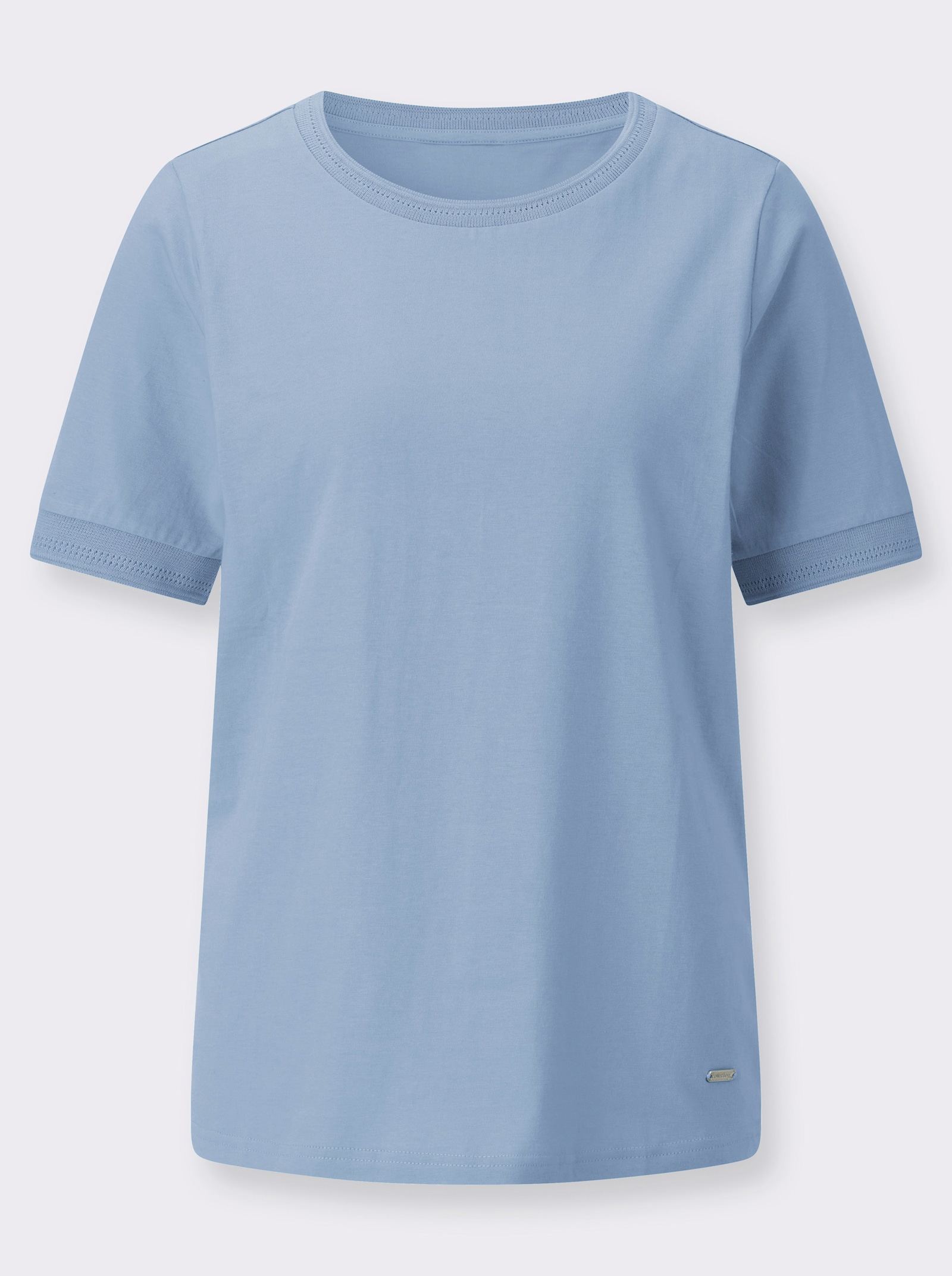 Rundhalsshirt mit Ajourmuster an Kragen und Ärmeln - eisblau