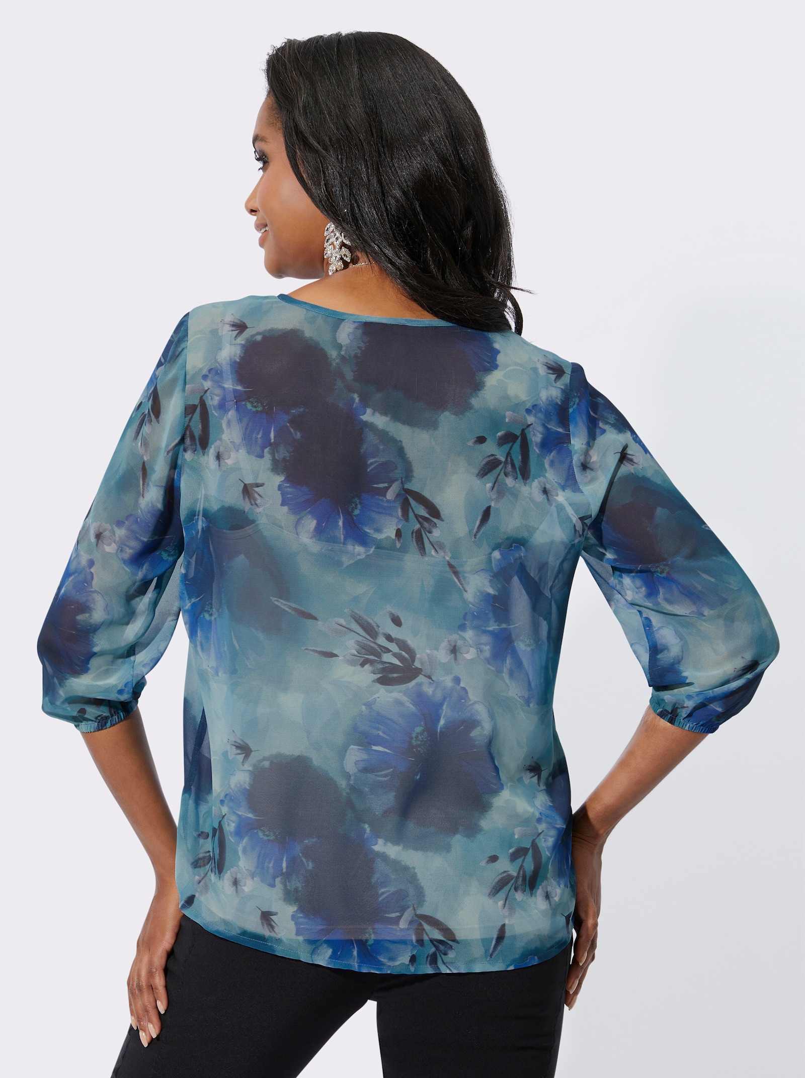 Blouse met print in aquareltinten - marine/kalkmint bedrukt