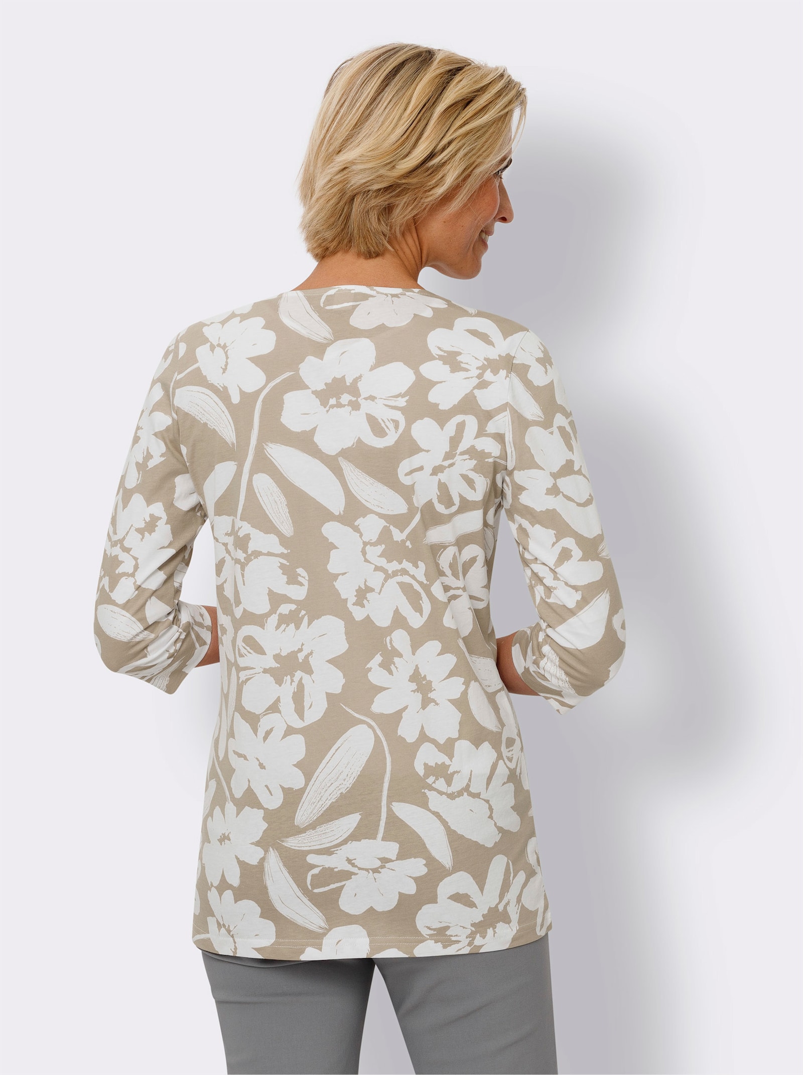 Shirtjacke mit 3/4-Ärmeln - beige-weiß-bedruckt