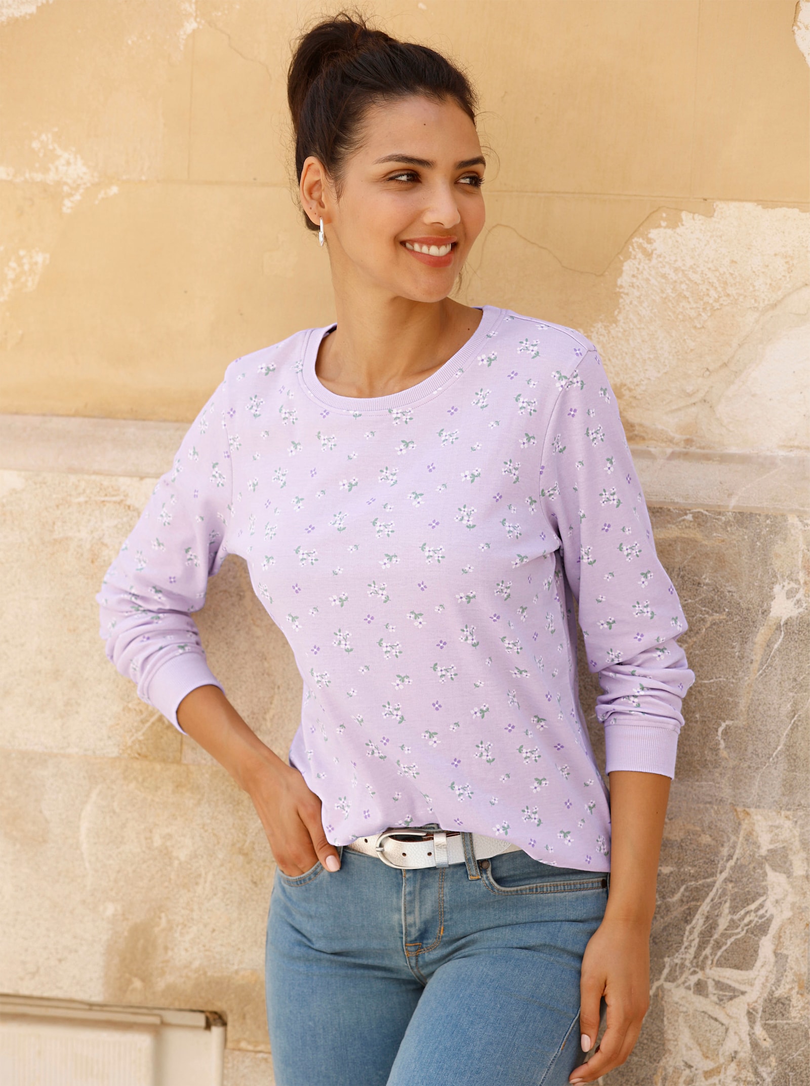 Sweatshirt mit Blümchen-Print - flieder-ecru-bedruckt