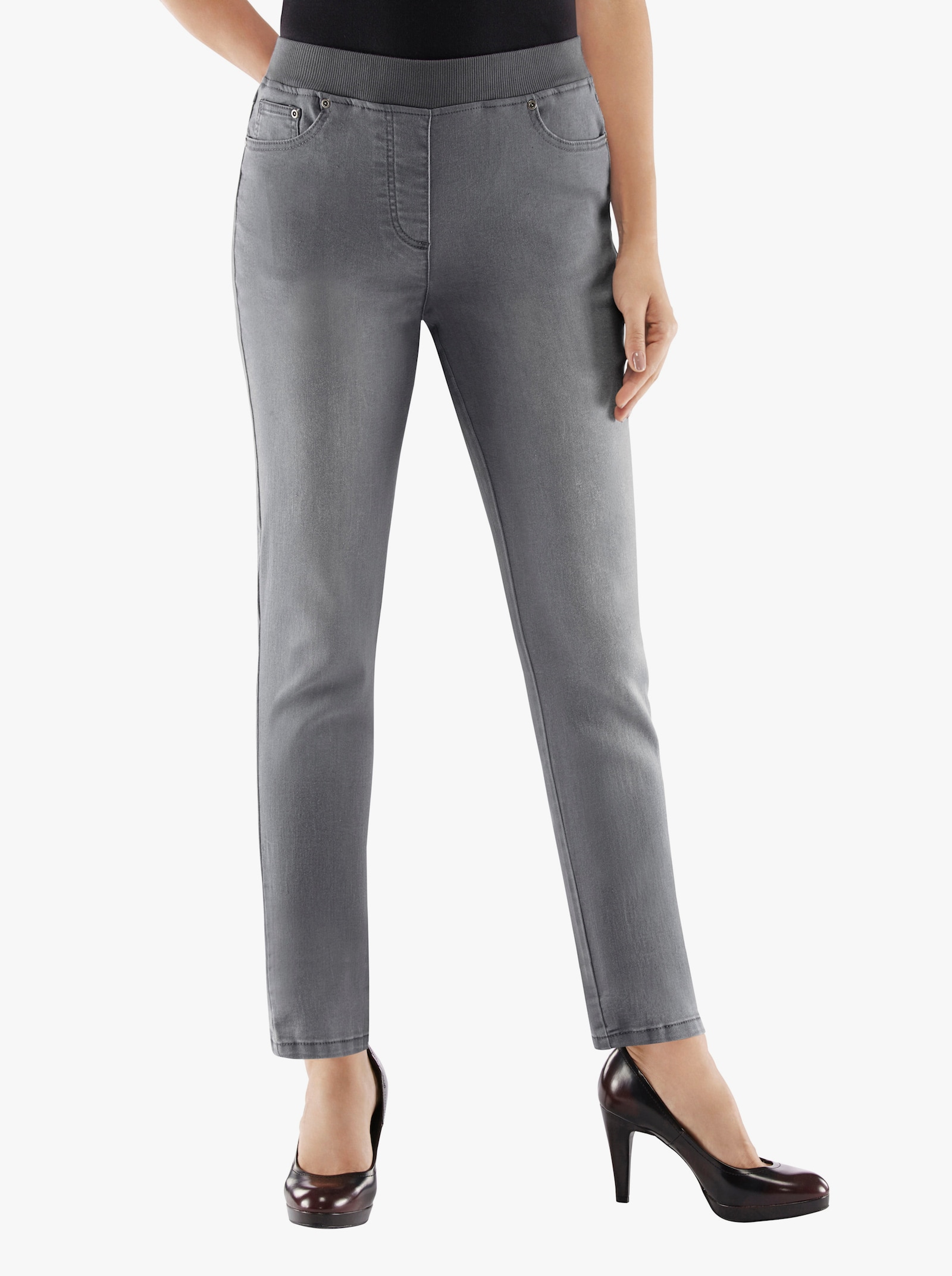 Schlupfjeans mit geripptem Strick-Dehnbund - grey-denim
