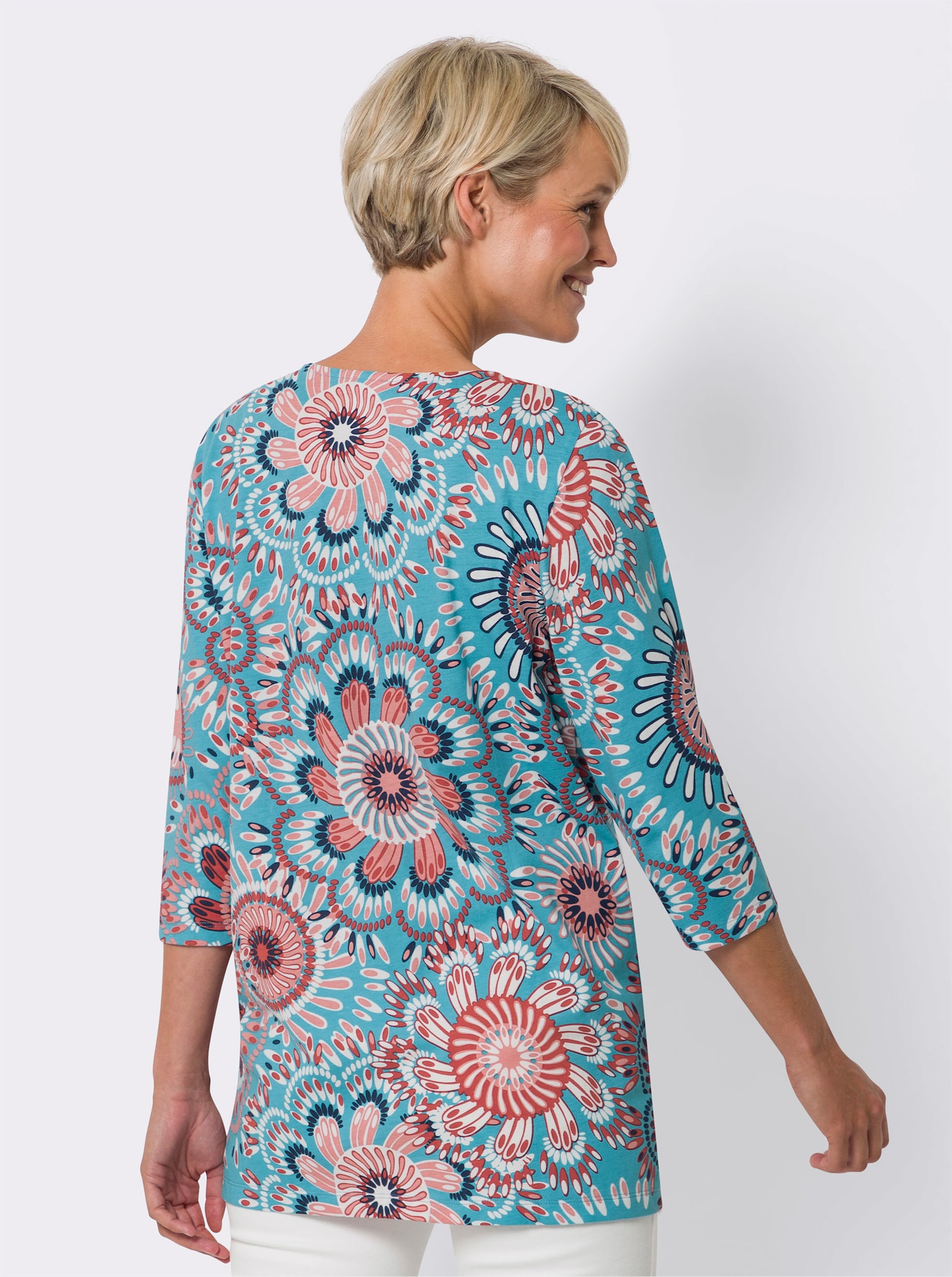 Lang shirt in lichte A-lijn - turquoise/flamingo gedrukt