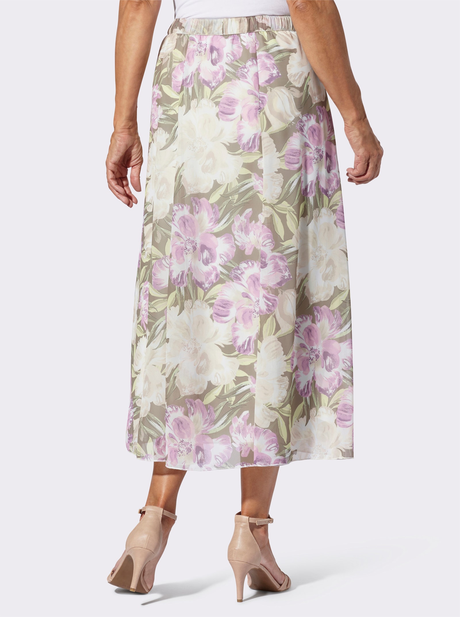 Vådskuren kjol i georgette - pistasch-orkidé-med tryck