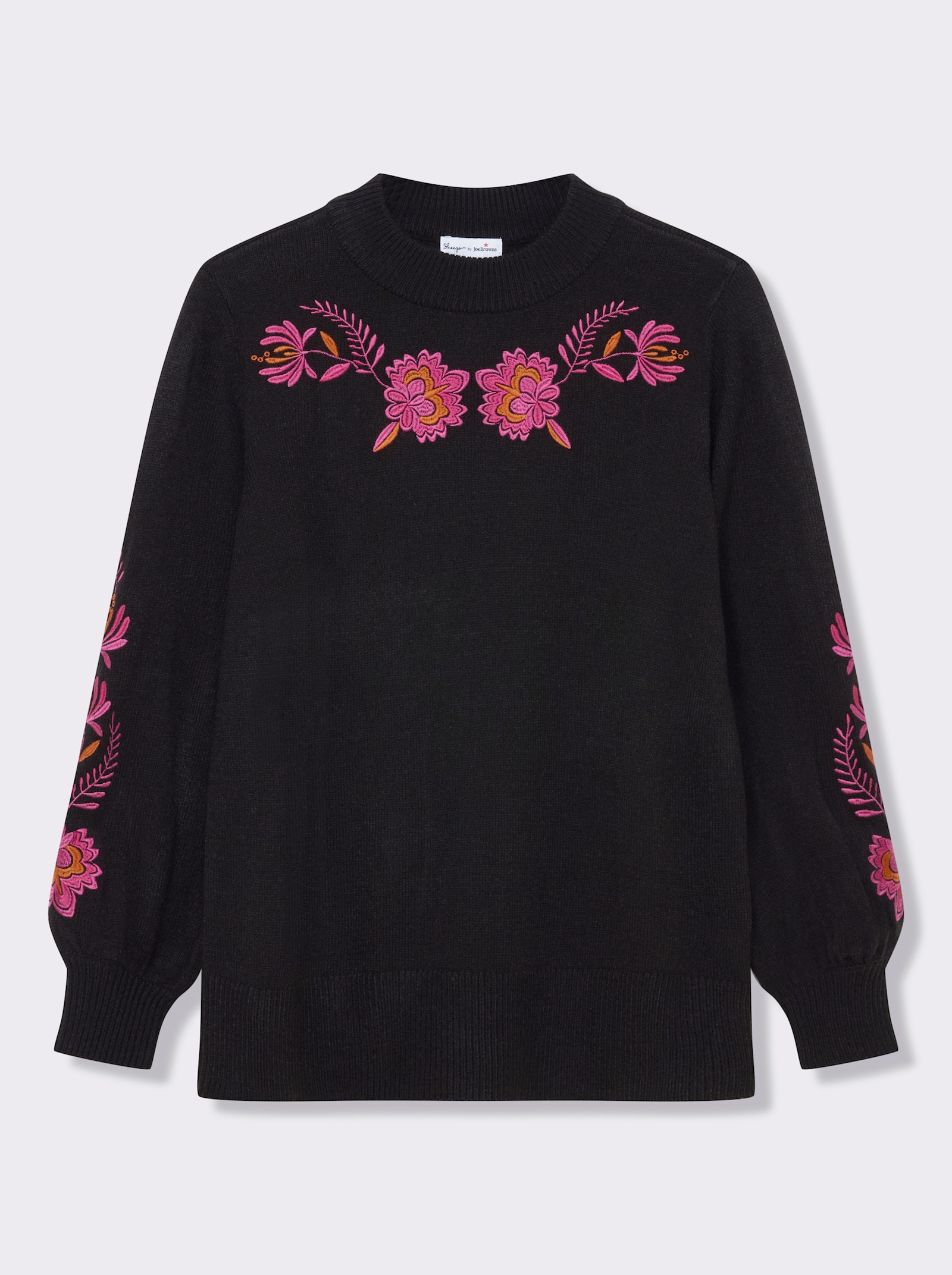 sheego by Joe Browns Pullover mit floralen Stickereien an Ärmeln und Kragen - schwarz-gemustert