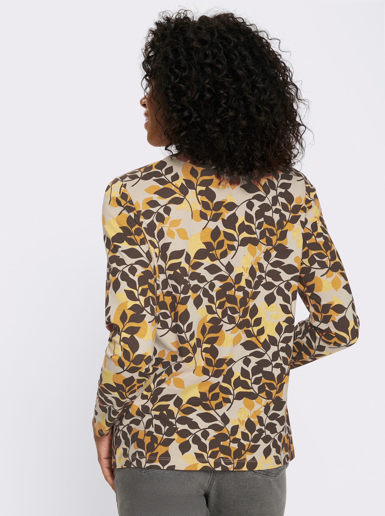 Langarmshirt im Blätter-Dessin - ocker-schoko-bedruckt