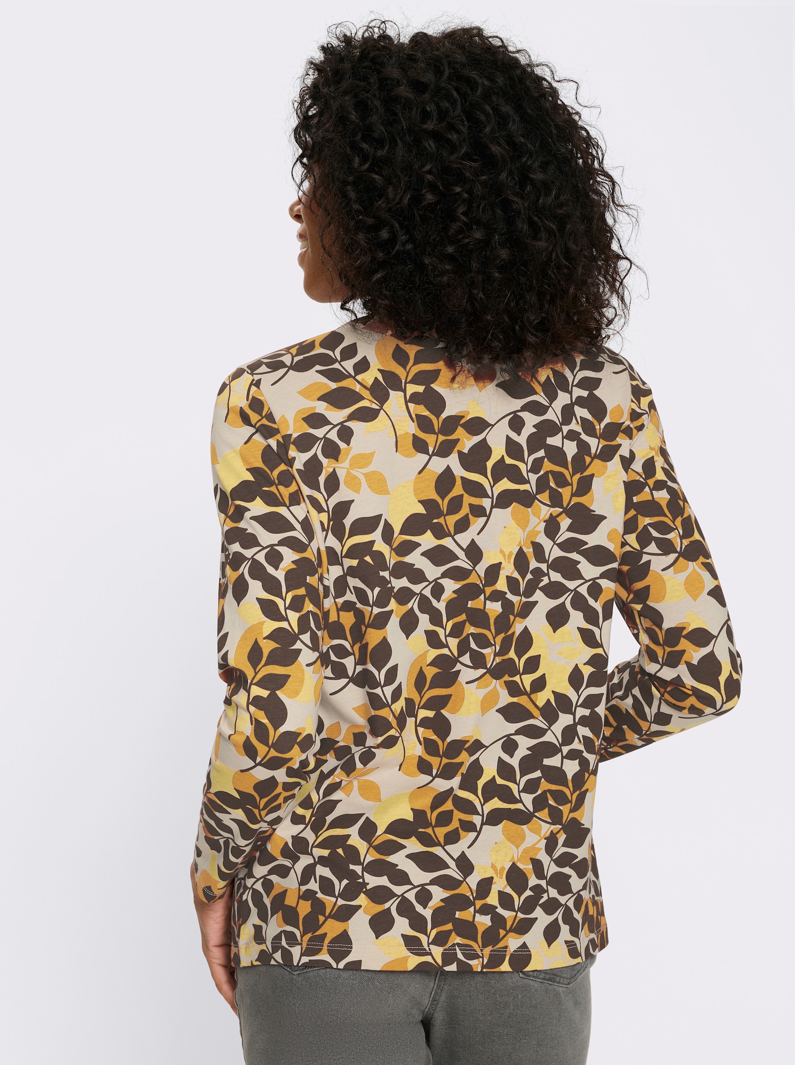 Langarmshirt im Blätter-Dessin - ocker-schoko-bedruckt