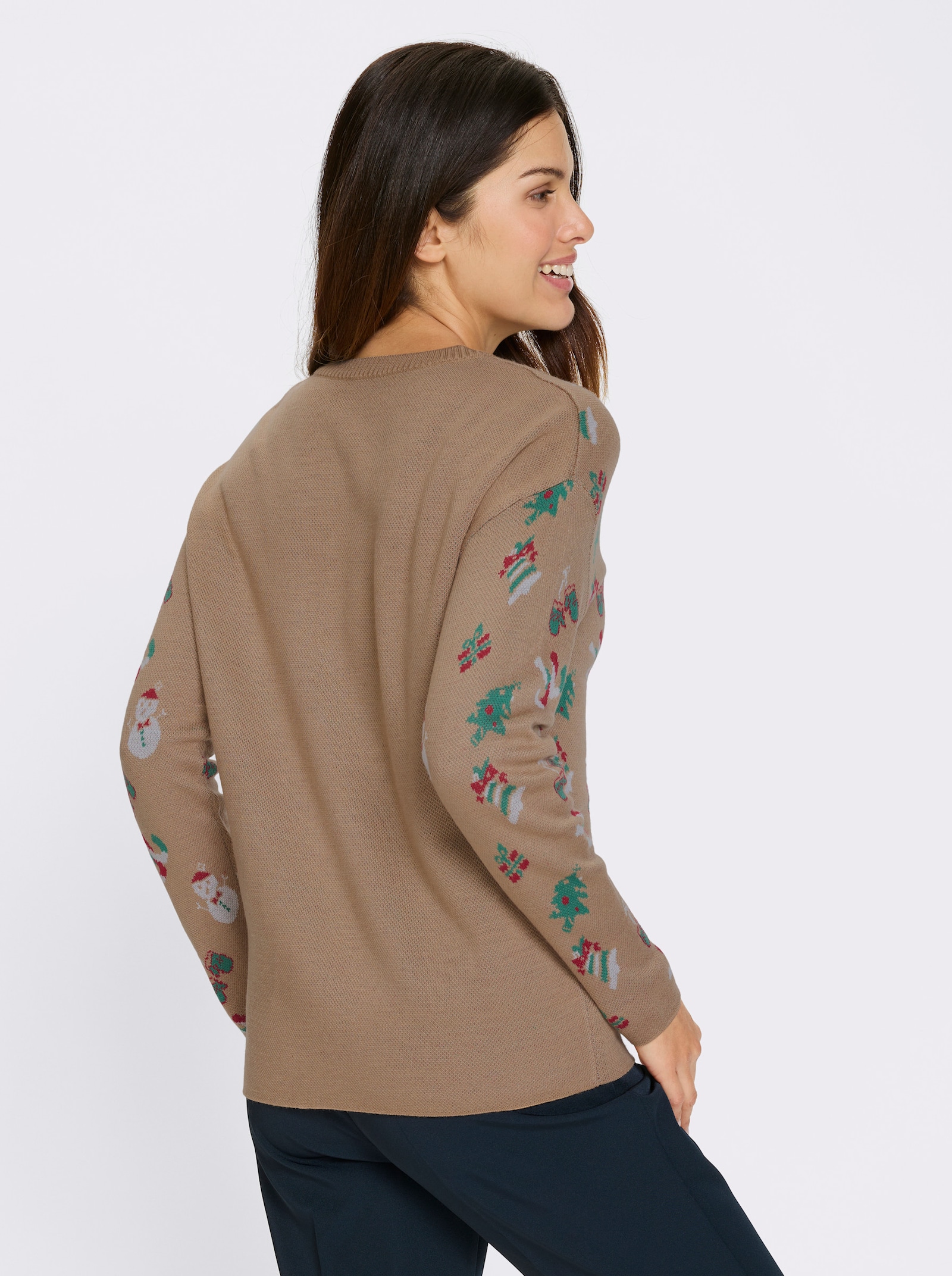 Langarm-Pullover mit weihnachtlichem Jacquardmuster - camel-grün-gemustert