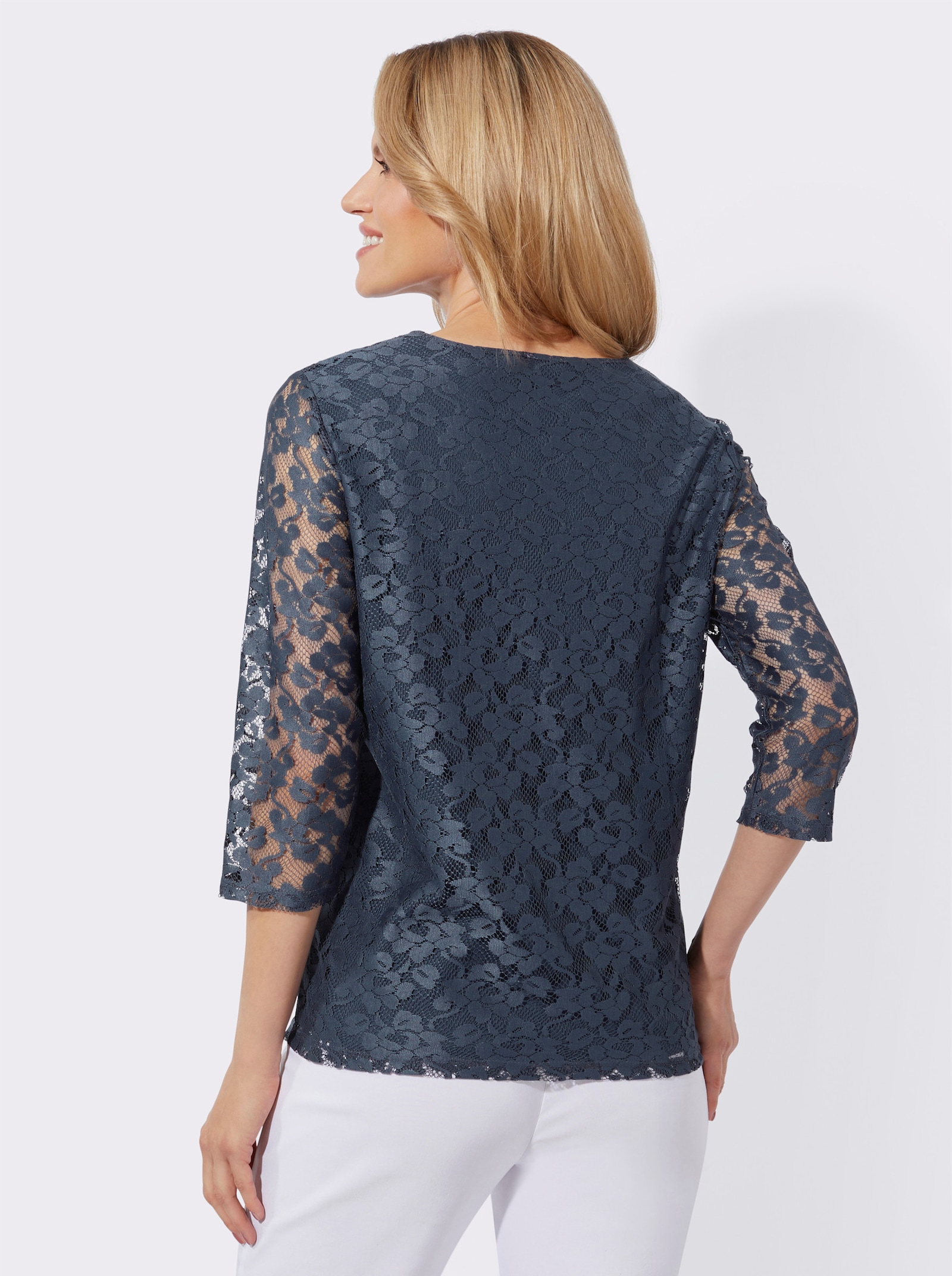 Kanten shirt met jerseyvoering - rookblauw