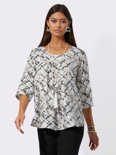 Druckbluse aus reiner Viskose - ecru-schwarz-bedruckt