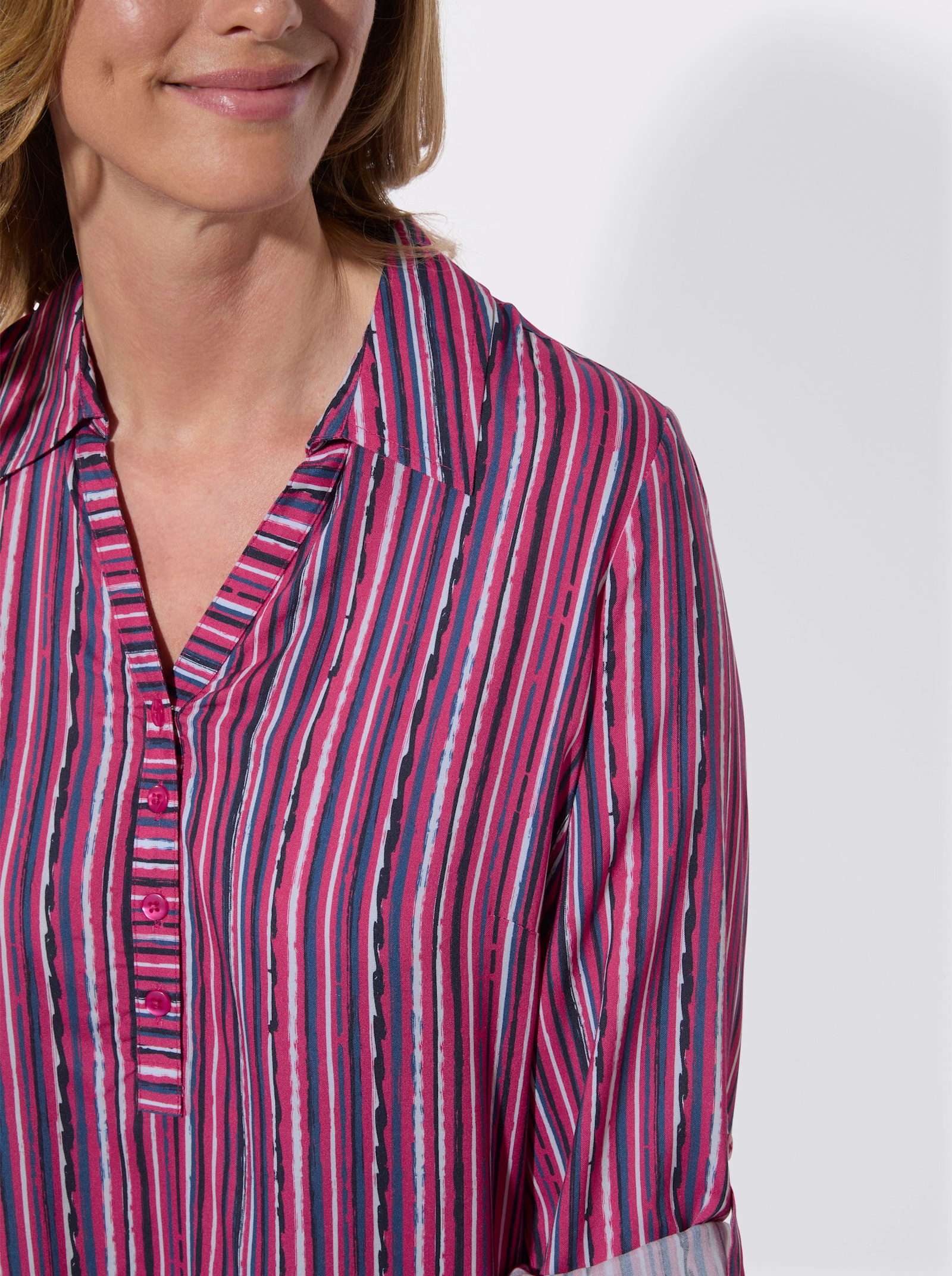 Gestreifte Bluse mit Krempelärmeln - fuchsia-ecru-gestreift