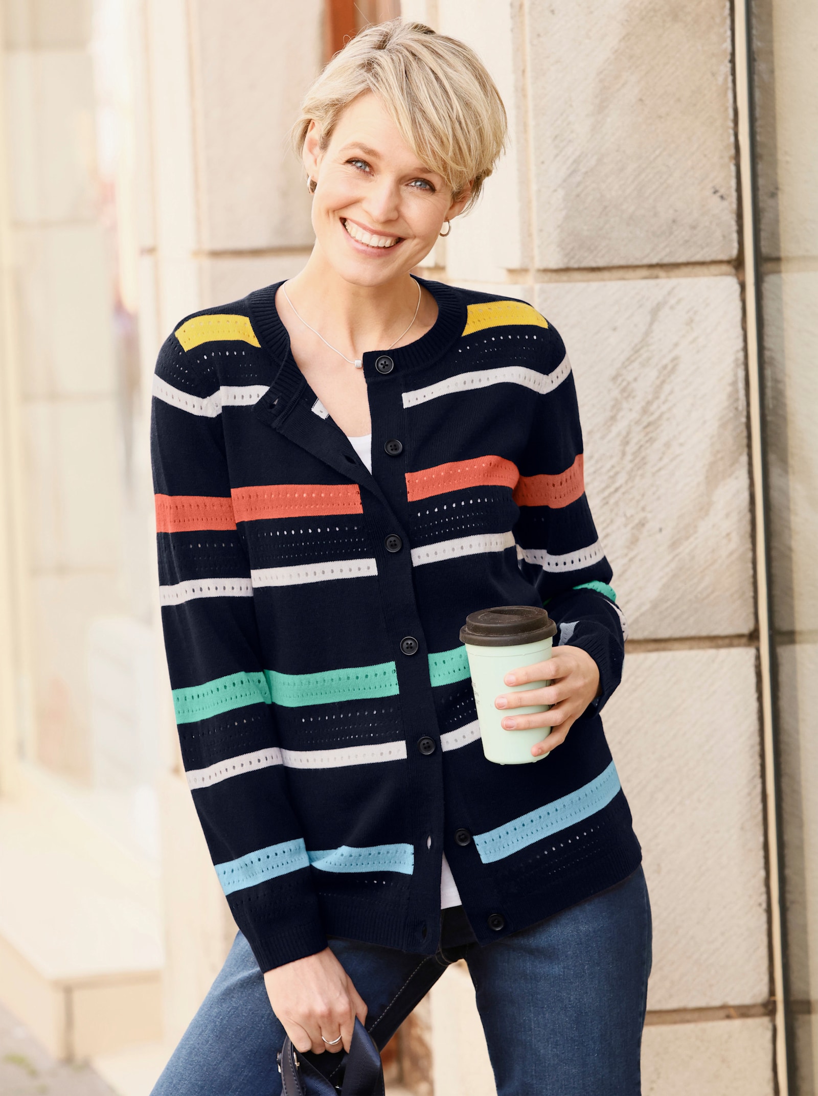 Ajourstrickjacke im Streifen-Muster - marine-grapefruit-geringelt