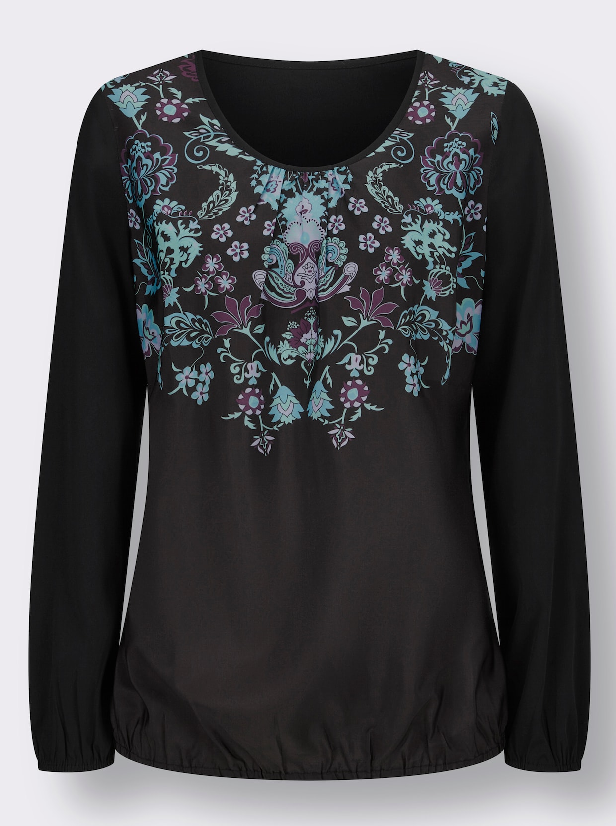 Blouse met lange mouwen - zwart/turquoise geprint