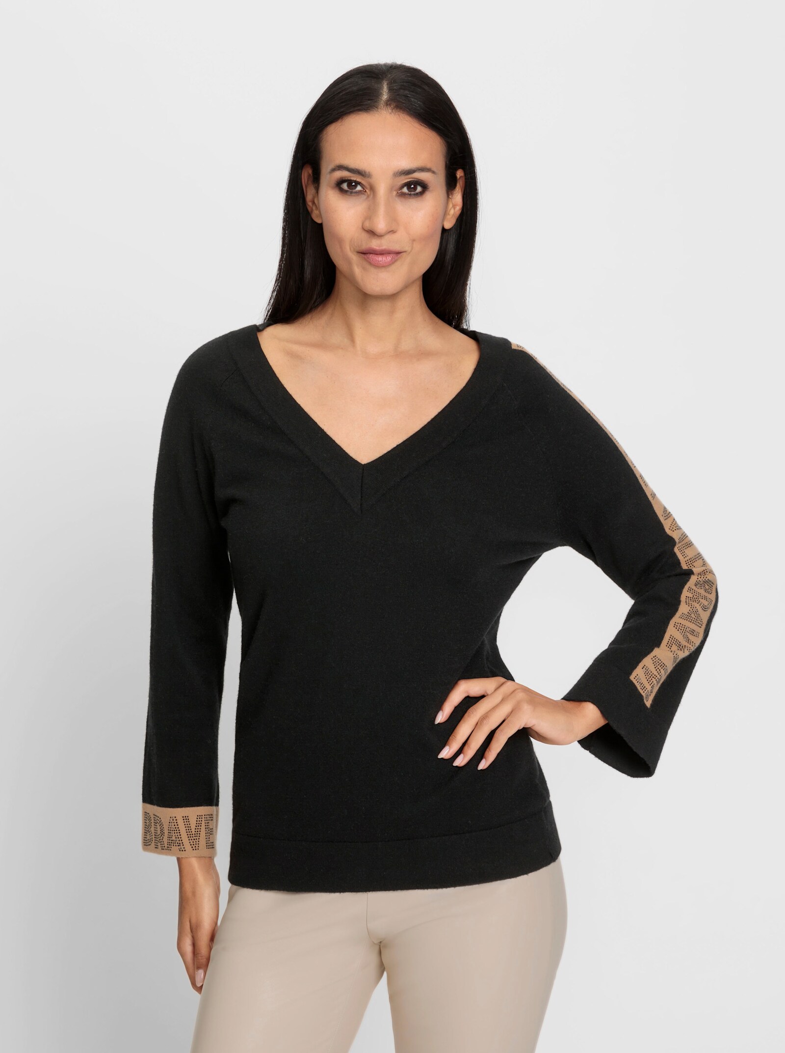 heine Pullover met V-hals en glinsterende siersteentjes - zwart