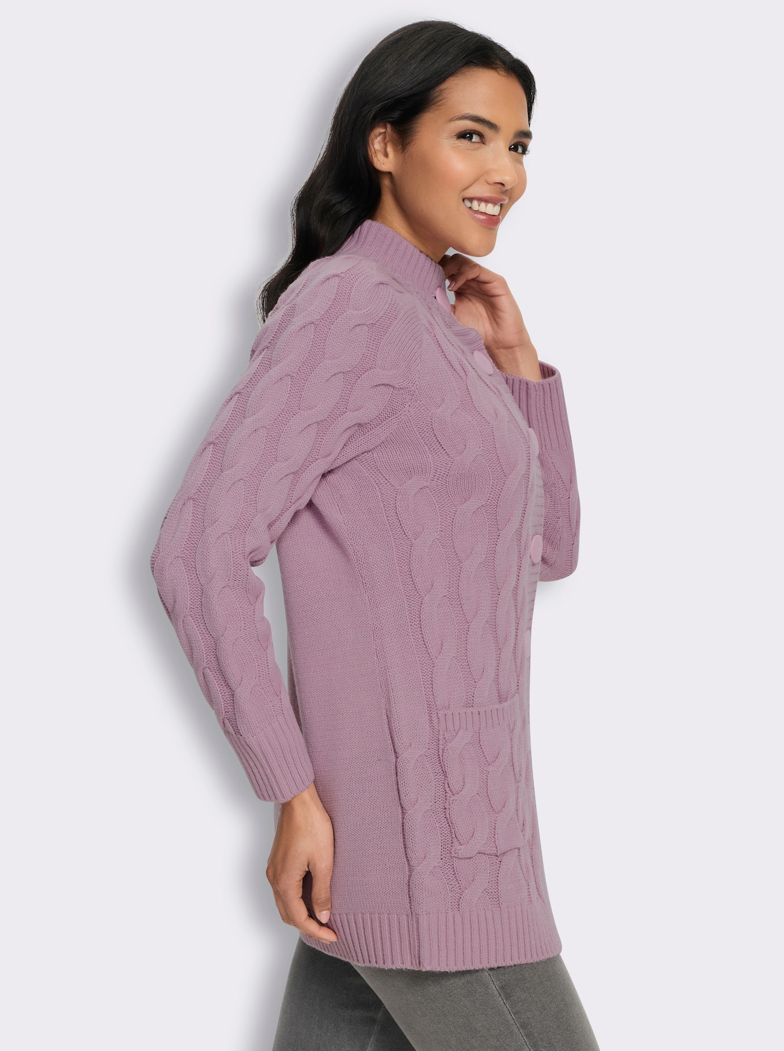 Longstrickjacke mit Zopfmuster - mauve