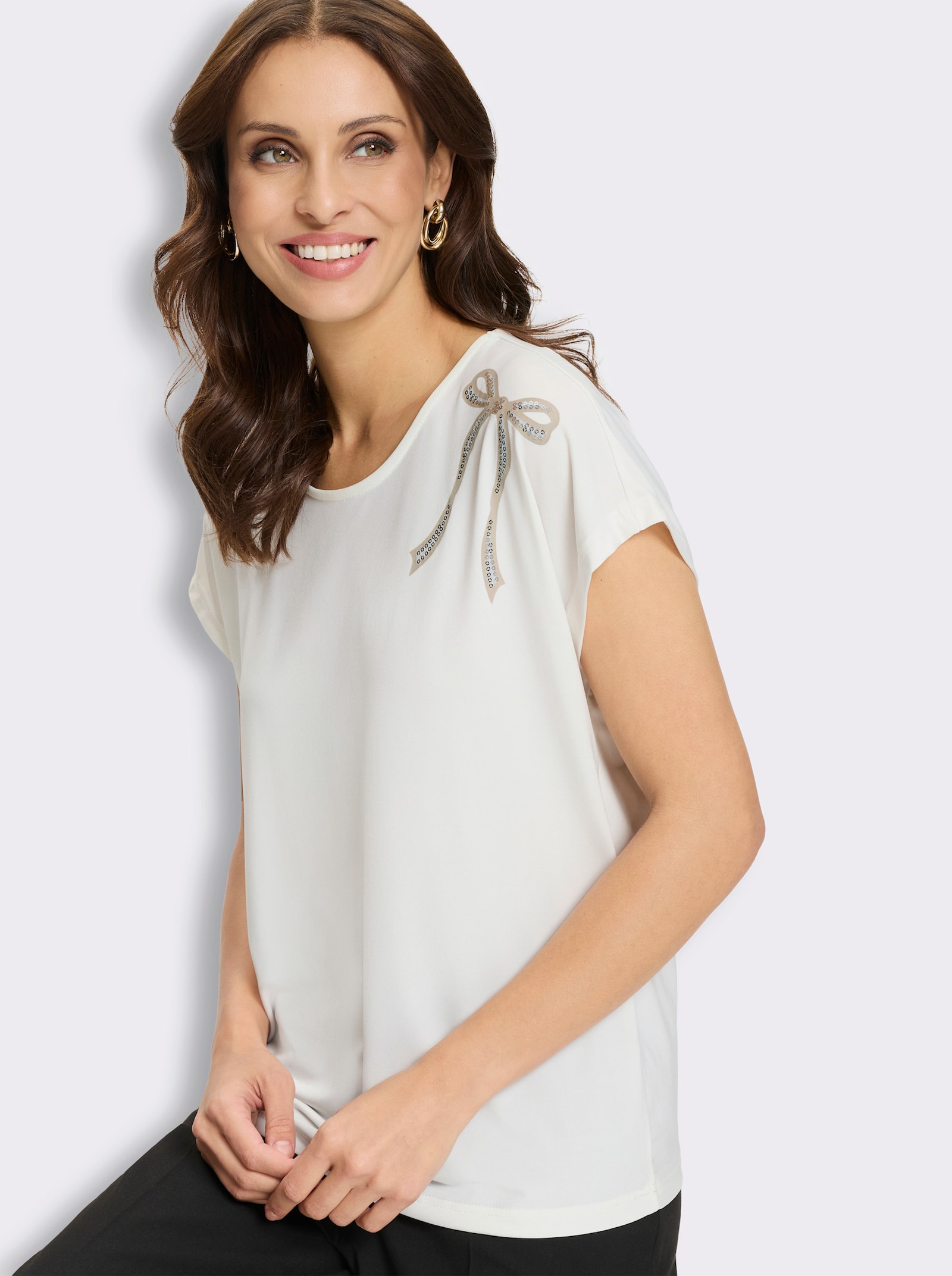 Kurzarmshirt mit Schleifchen-Stickerei - ecru