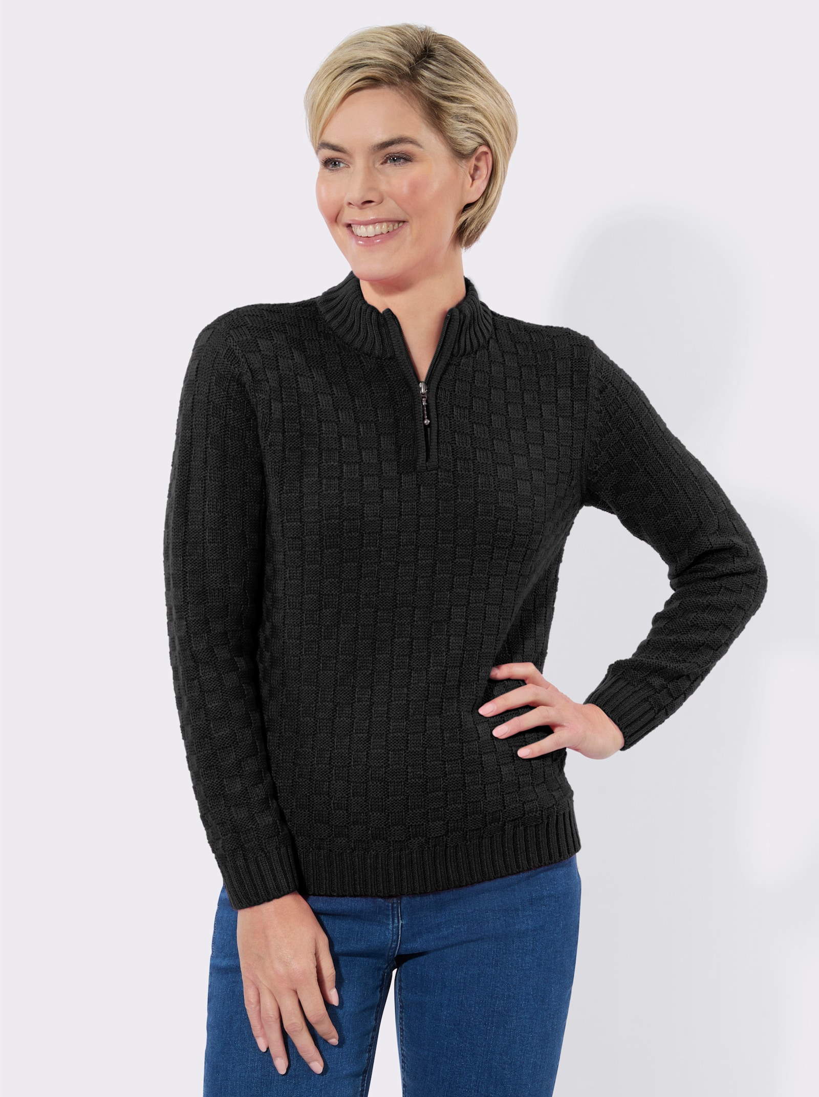 Strickpullover mit Stehkragen - schwarz