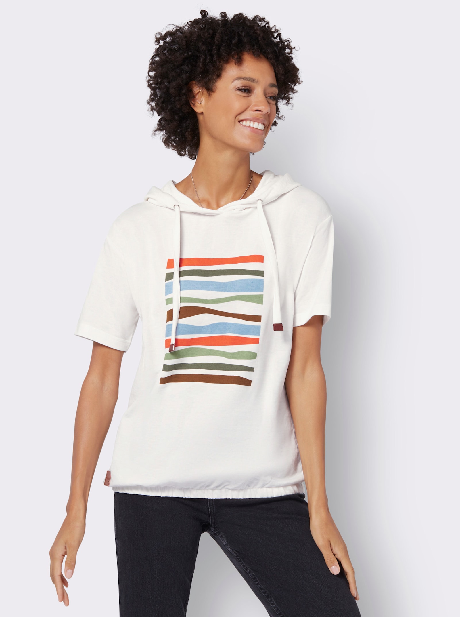 Kapuzensweatshirt mit elastischem Saum - ecru-eucalyptus-bedruckt