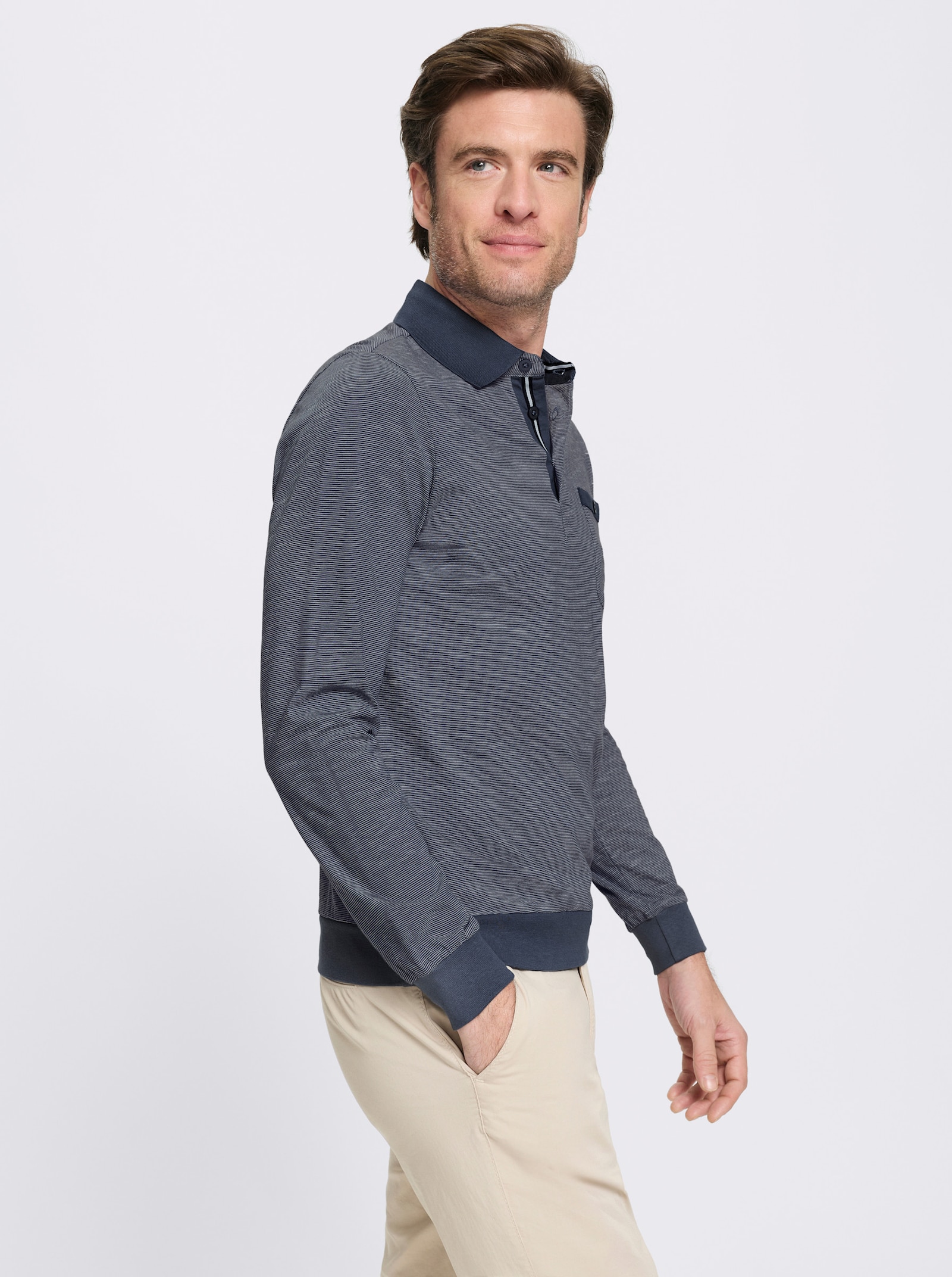 Marco Donati Langarm-Poloshirt im Streifendessin allover - rauchblau-gestreift