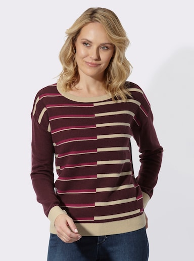 Rundhalspullover mit Jacquard-Streifen-Muster - burgund-malve-gemustert