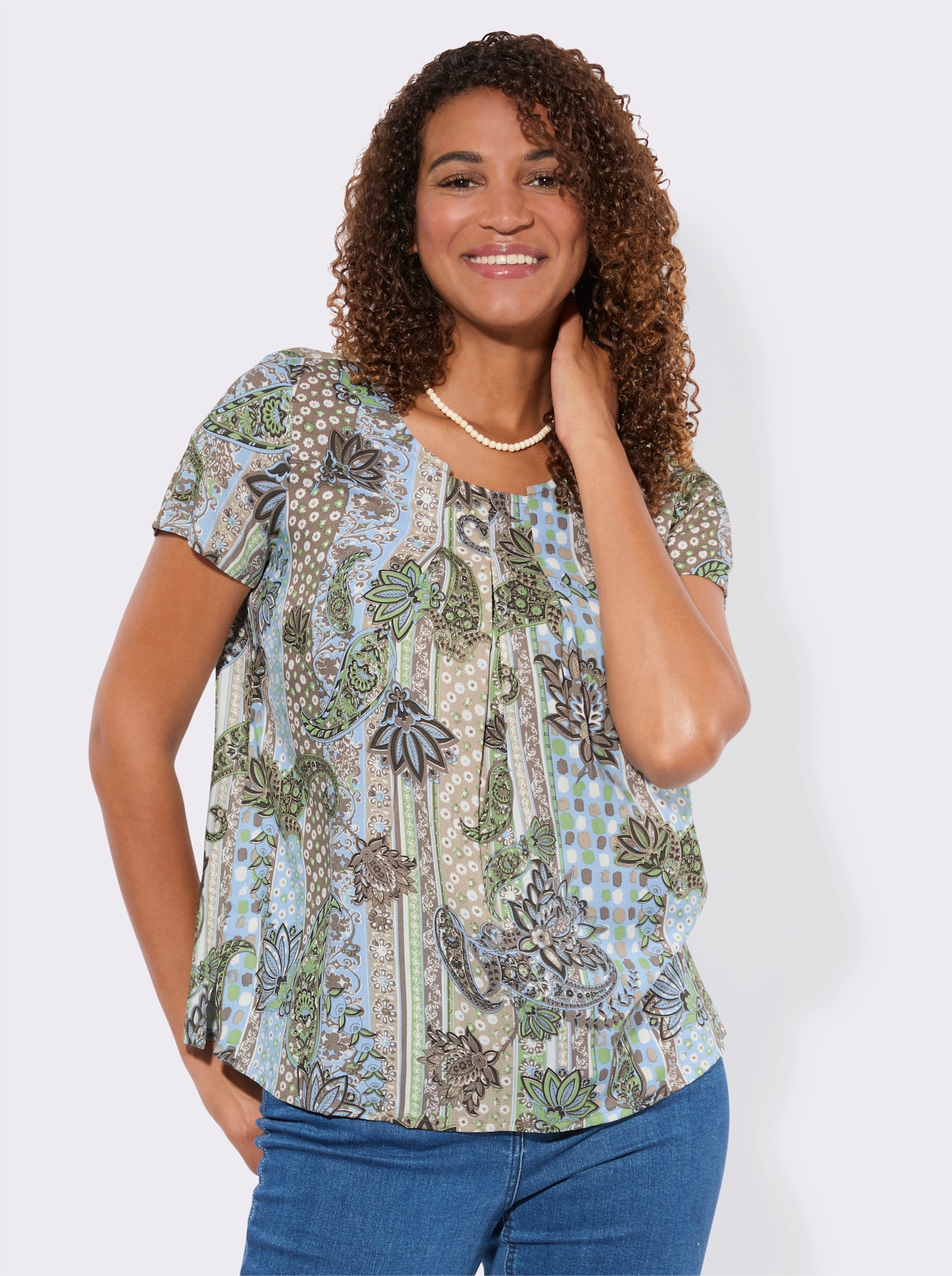 Druckbluse mit Seitenschlitzen - taupe-eucalyptus