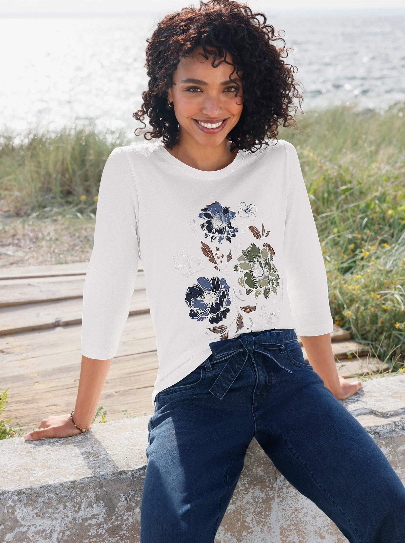 heine 3/4-Arm-Shirt mit Glanz-Details - ecru-braun-bedruckt