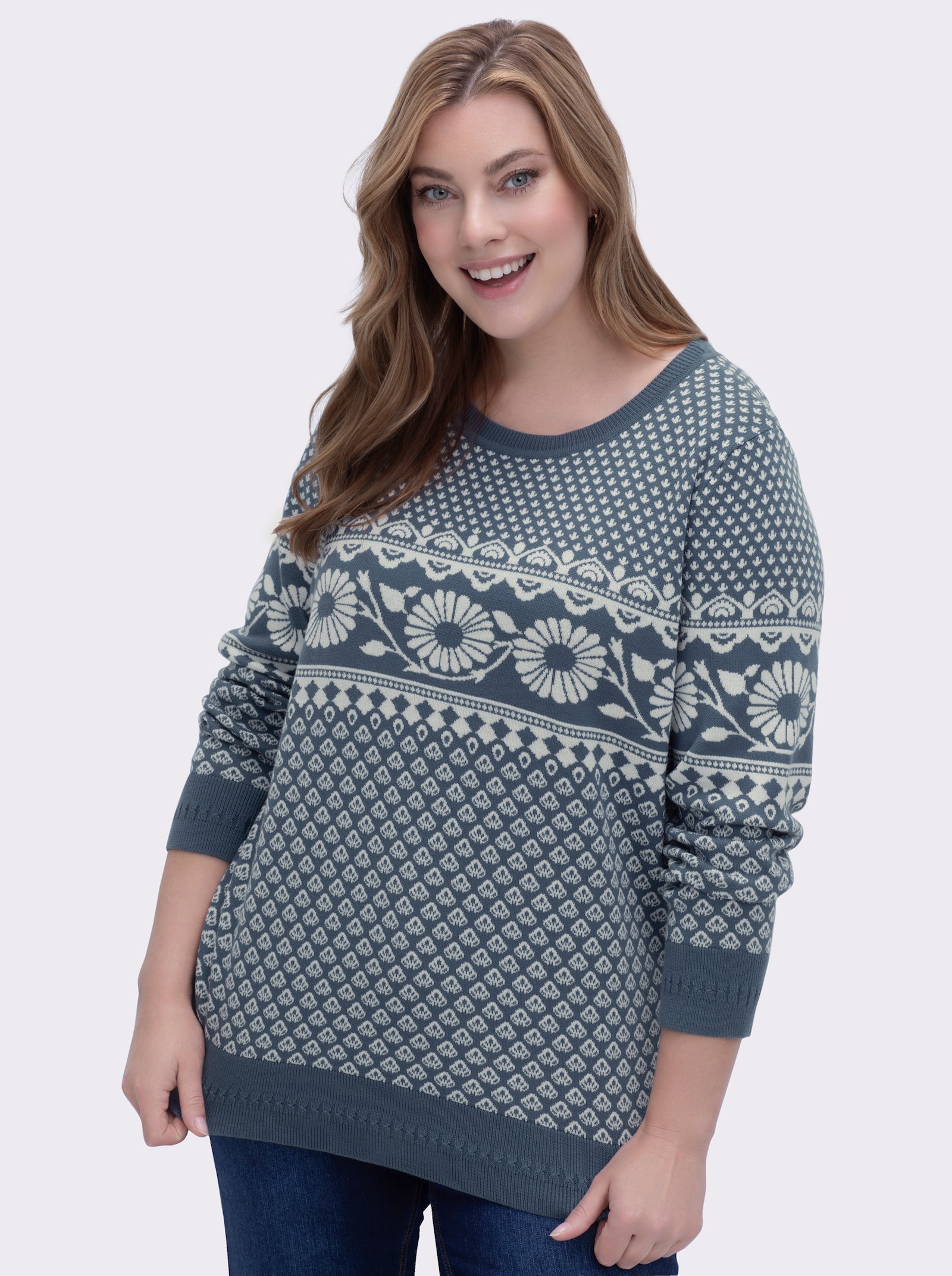 Jacquard-Pullover im Norwegerstil - rauchblau-champagner-gemustert