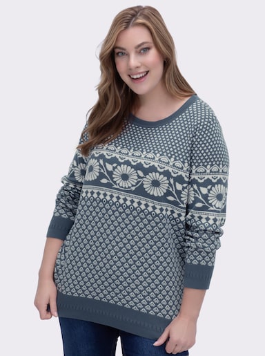Jacquard-Pullover im Norwegerstil - rauchblau-champagner-gemustert