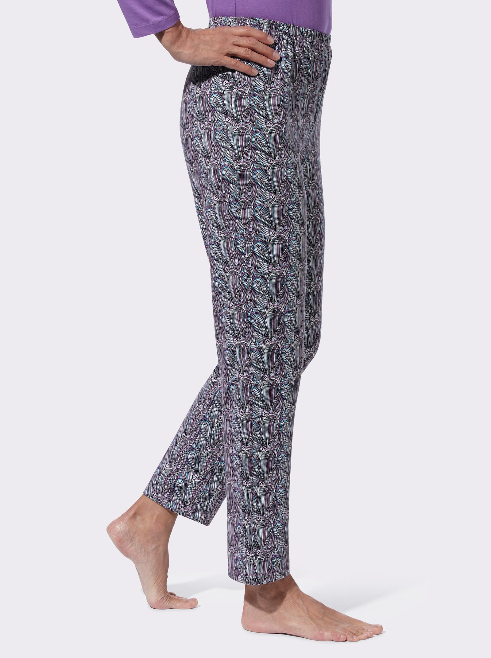 Schlafanzughose mit grafischem Muster - steingrau-lila-bedruckt