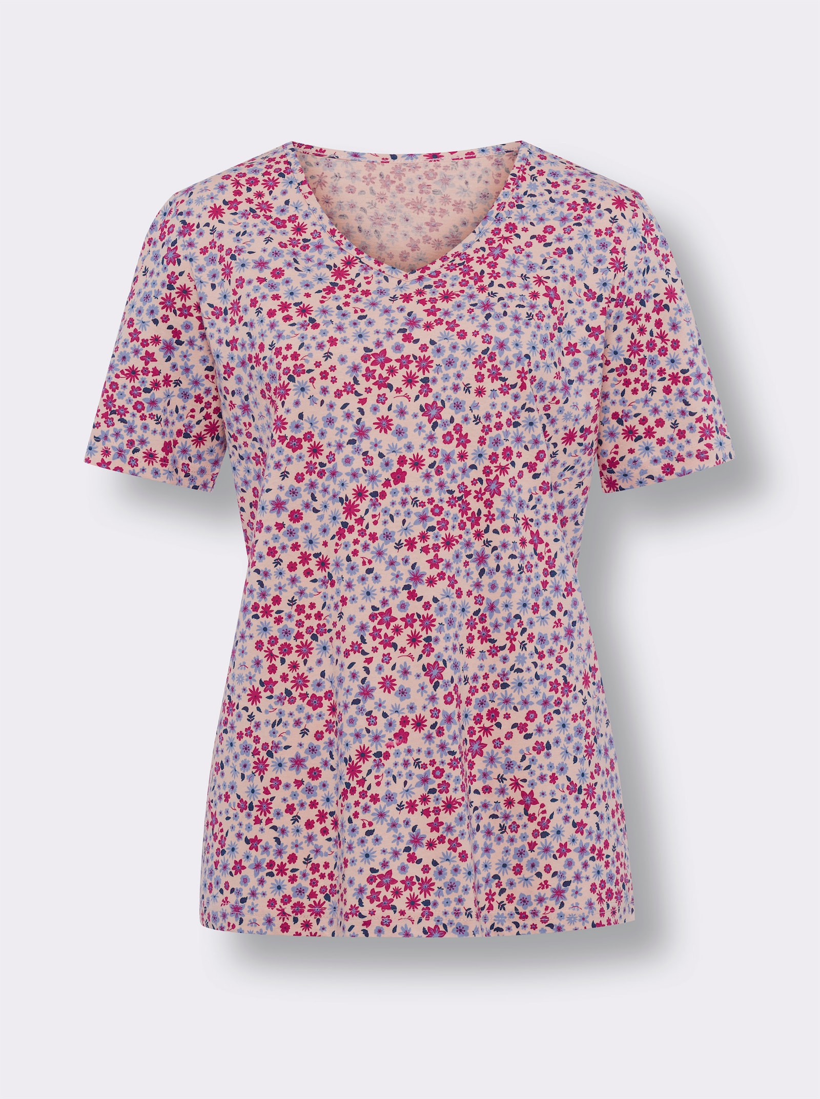 Kurzarmshirt aus Baumwolle, Millefleurs - puder-erika-bedruckt