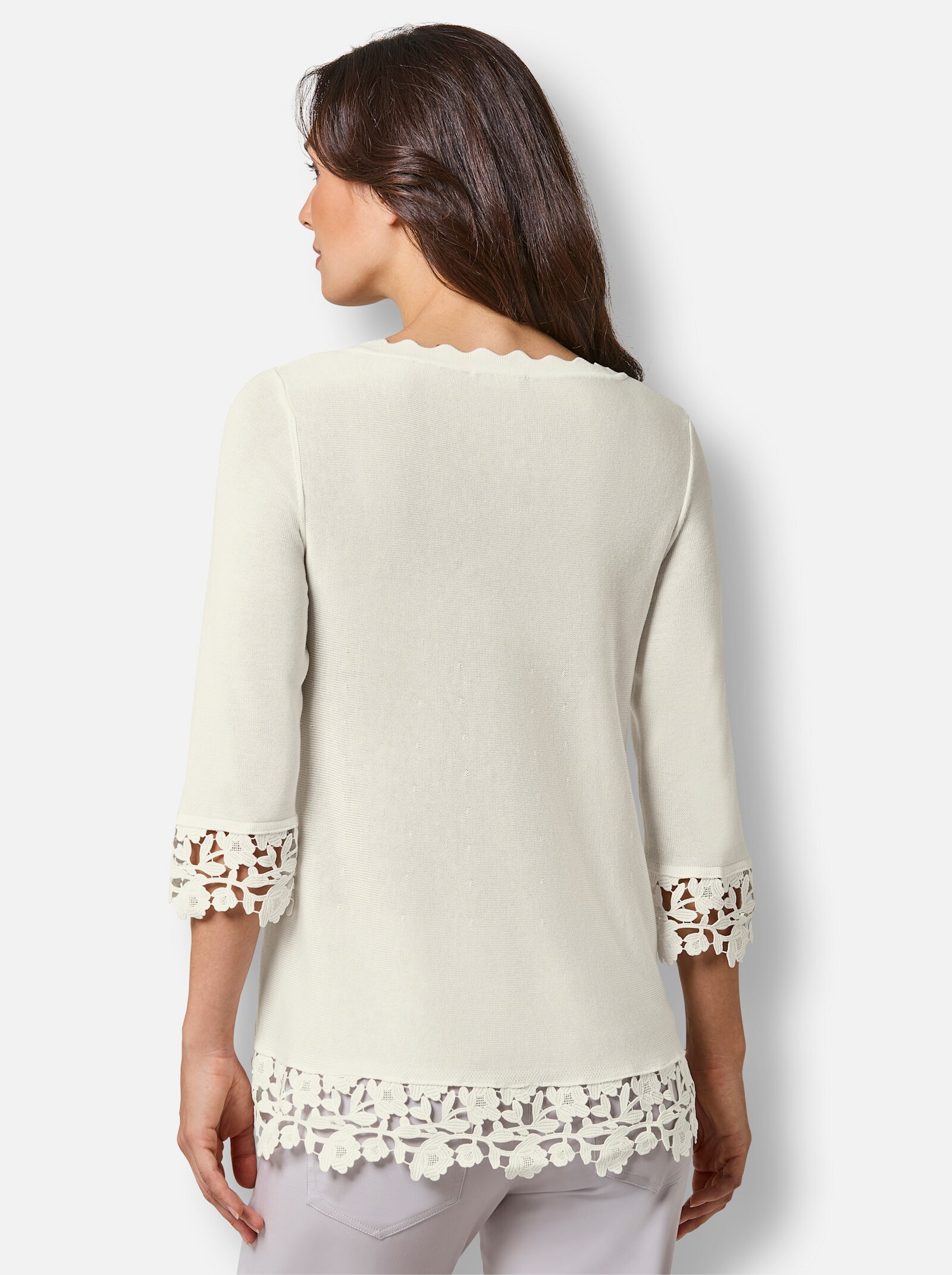 CREATION L PREMIUM Feinstrickpullover mit breitem Spitzenabschlusss - ecru