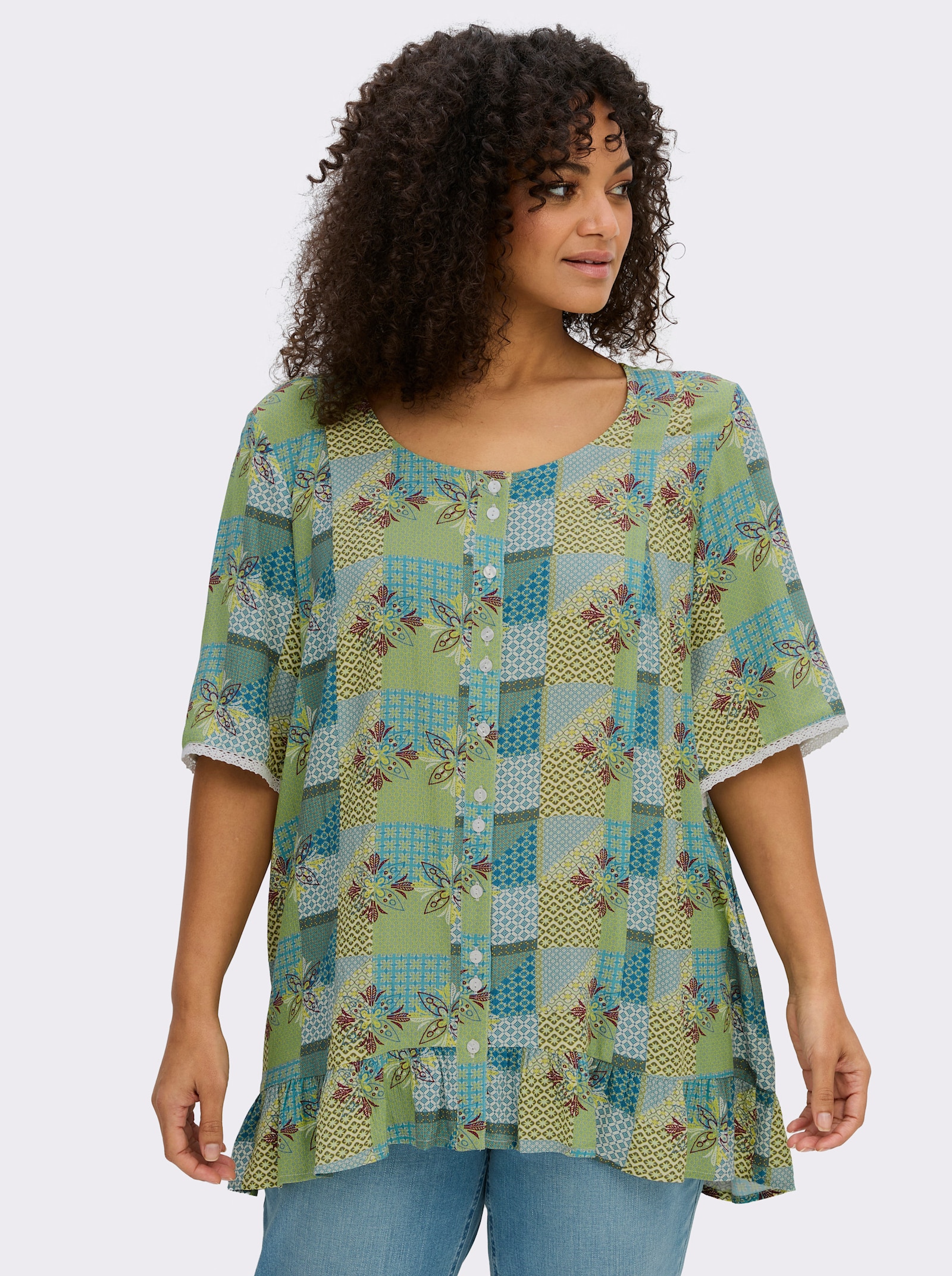 sheego Tunika mit Knopfleiste und Alloverdruck - ecru-pistazie-bedruckt